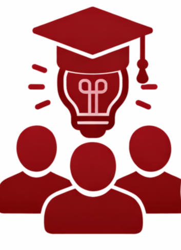 Illustration of three people with a lightbulb and graduation cap above them, symbolizing education and ideas.