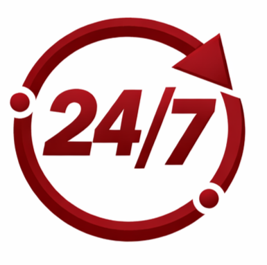 24/7 service icon with a circular arrow around the text.