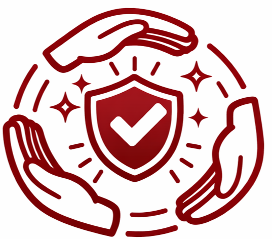 Illustration of three hands surrounding a shield with a check mark, symbolizing protection and security.