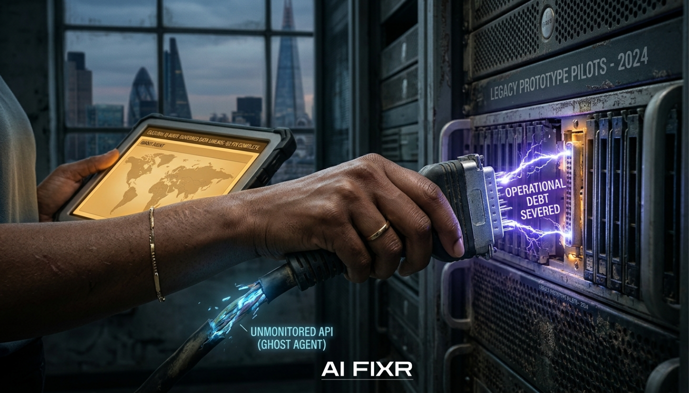 AI FIXR diagnostic: A Black woman’s hand, wearing a minimalist gold ring, physically pulling a glowing blue 'GHOST AGENT' data cable from a server rack. A spark of purple light labeled 'OPERATIONAL DEBT SEVERED' crackles