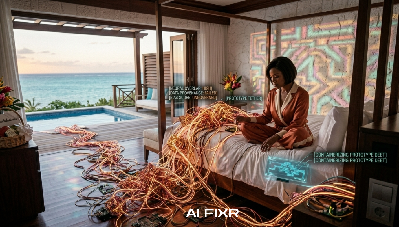 Black woman on honeymoon surrounded by tangled wires symbolising AI prototype failure and enterprise AI complexity.
