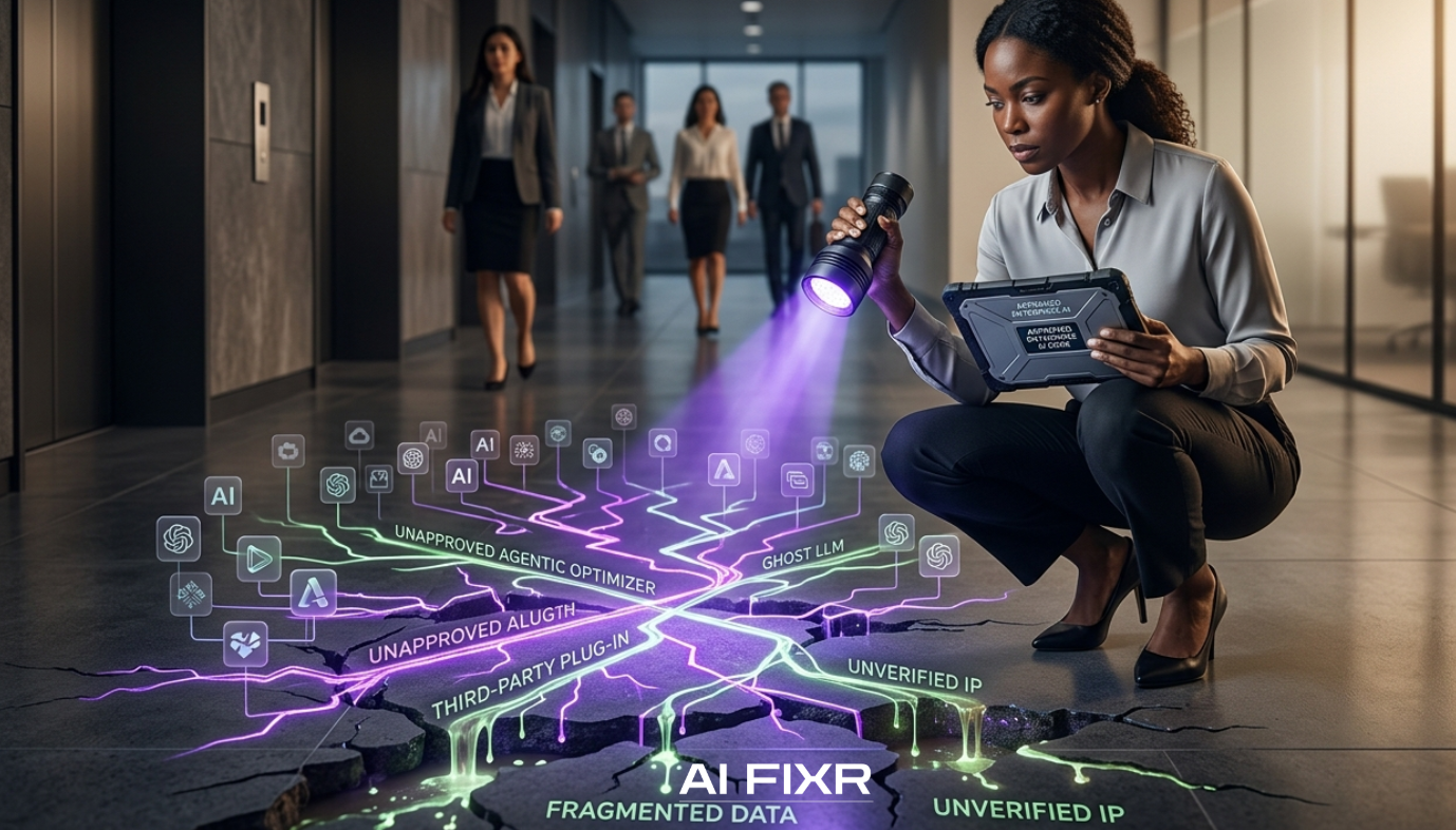 AI FIXR infographic: Sophisticated photograph of a professional using an ultraviolet light to reveal chaotic, unapproved 'Shadow AI' trails labeled 'Fragmented Data' leaking through cracks in a corporate floor.
