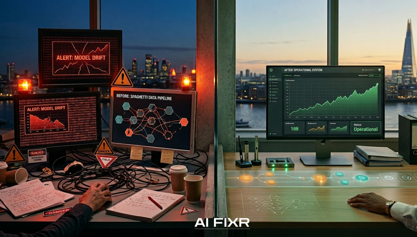 Split-screen comparison of AI project outcomes: messy, failing data systems on the left and a calm, well-integrated operational AI dashboard in a modern office on the right.