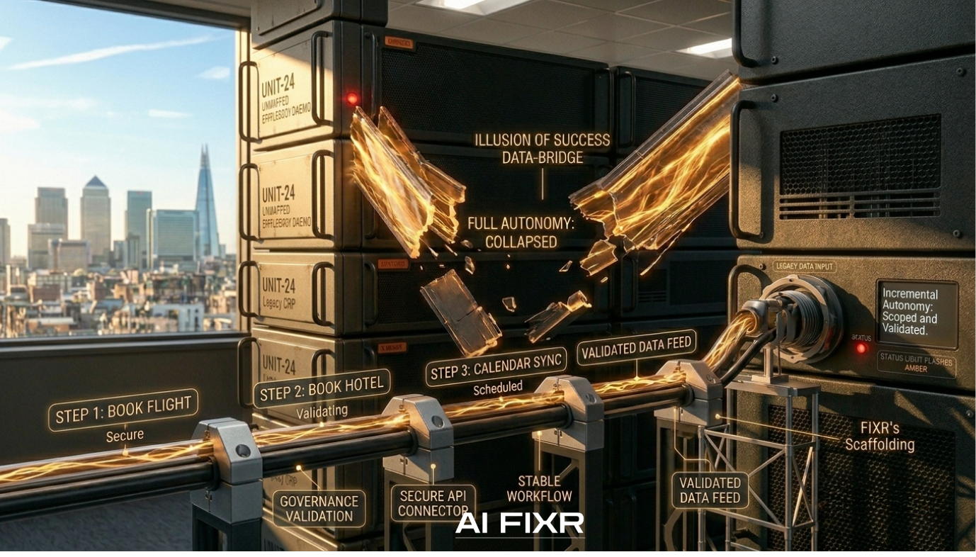 An editorial photograph in a sunlit London office showing a collapsed "Full Autonomy" data bridge contrasted with a stable "FIXR's Scaffolding" pathway built with secure API connectors and governance validation.