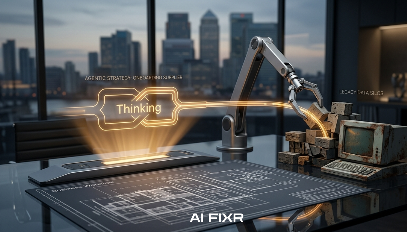 A conceptual illustration of a "Digital Strategist" mind connecting to "Mechanical Hands" on a keyboard, representing the AI FIXR framework for Agentic AI and LAMs.
