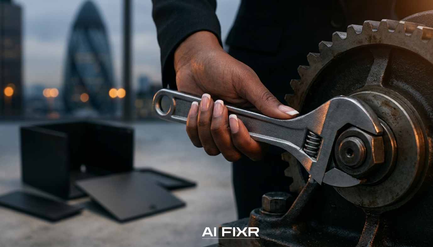 Close-up editorial image: a manicured hand tightening a metal gear with a wrench. Dark, cinematic tones with subtle amber light, in a refined corporate setting.