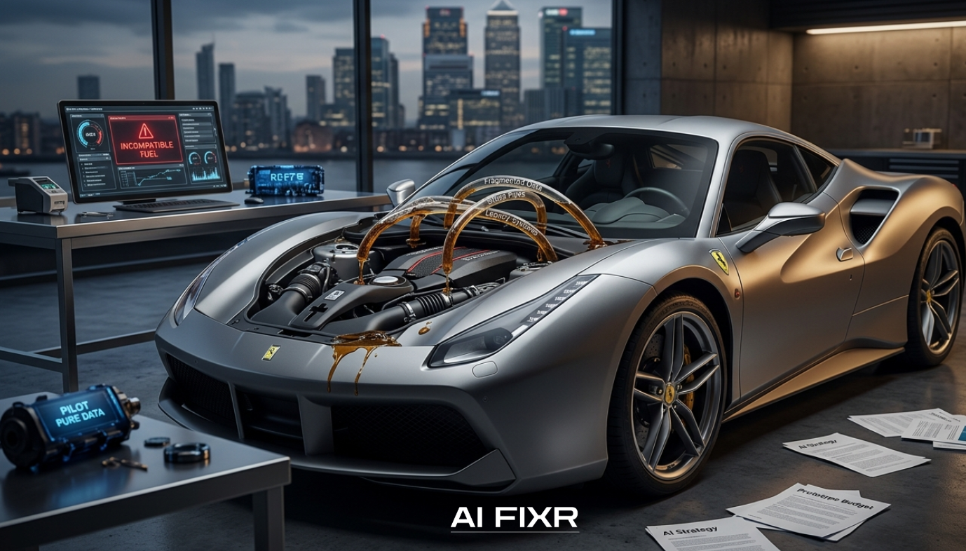 A high-performance engine failing due to poor fuel quality; an AI Fixr metaphor for how $50k-a-month enterprise tools fail when fed unoptimized data instead of high-octane strategy.
