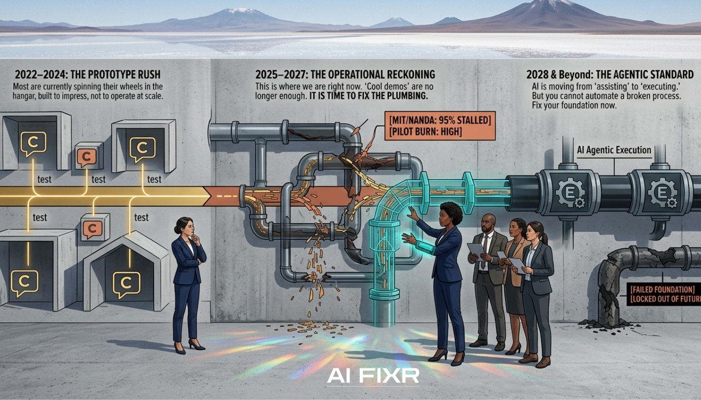 An infographic in a brutalist Andes setting showing the evolution of AI: from messy 2022 prototypes to the 2025 'Operational Reckoning' where the AI FIXR repairs broken plumbing, leading to the 2028 Agentic Standard.