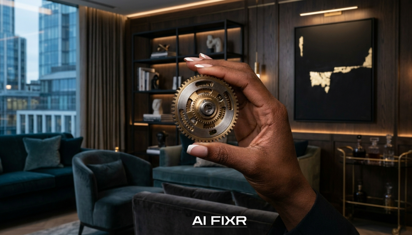 A close-up photograph of a professional Black woman's hand, featuring a precise French manicure, holding a highly detailed, intricate gear mechanism made of brass and brushed steel.