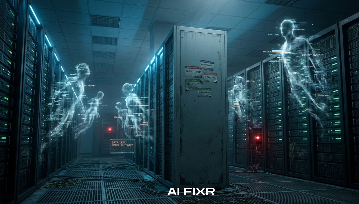 A conceptual photograph of unmanaged legacy AI agents as ghosts haunting a server room, illustrating the AI FIXR concept of 'Zombie AI' and technical debt.