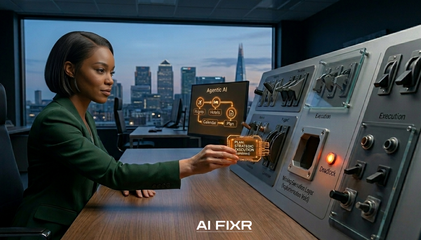 An editorial photograph of a professional woman in a London office attempting to connect a glowing "Strategic Execution" data module into a complex technical control panel that has a visible infrastructure gap.