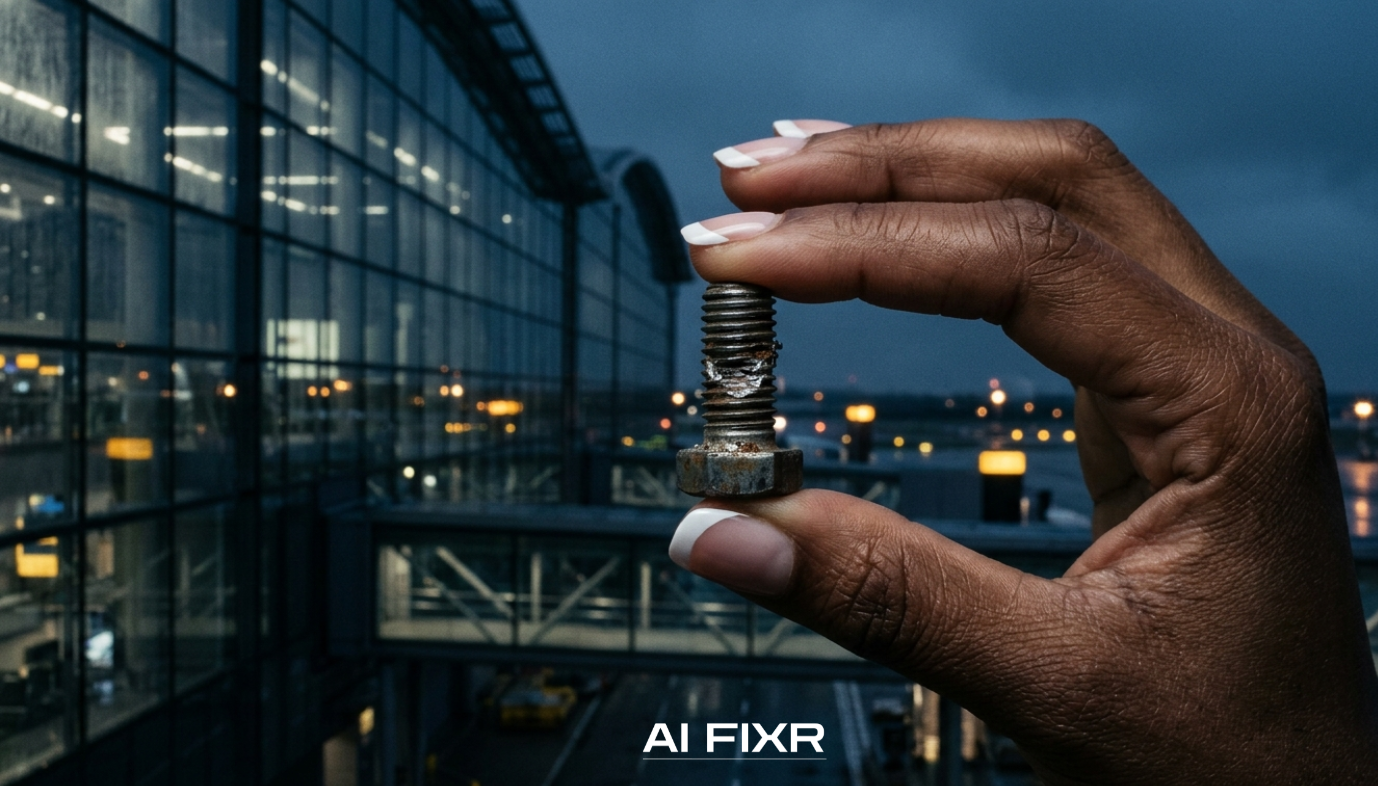 An extreme close-up photograph focuses on a Black woman's fingers, which feature a classic French manicure, holding a damaged, fractured steel bolt.