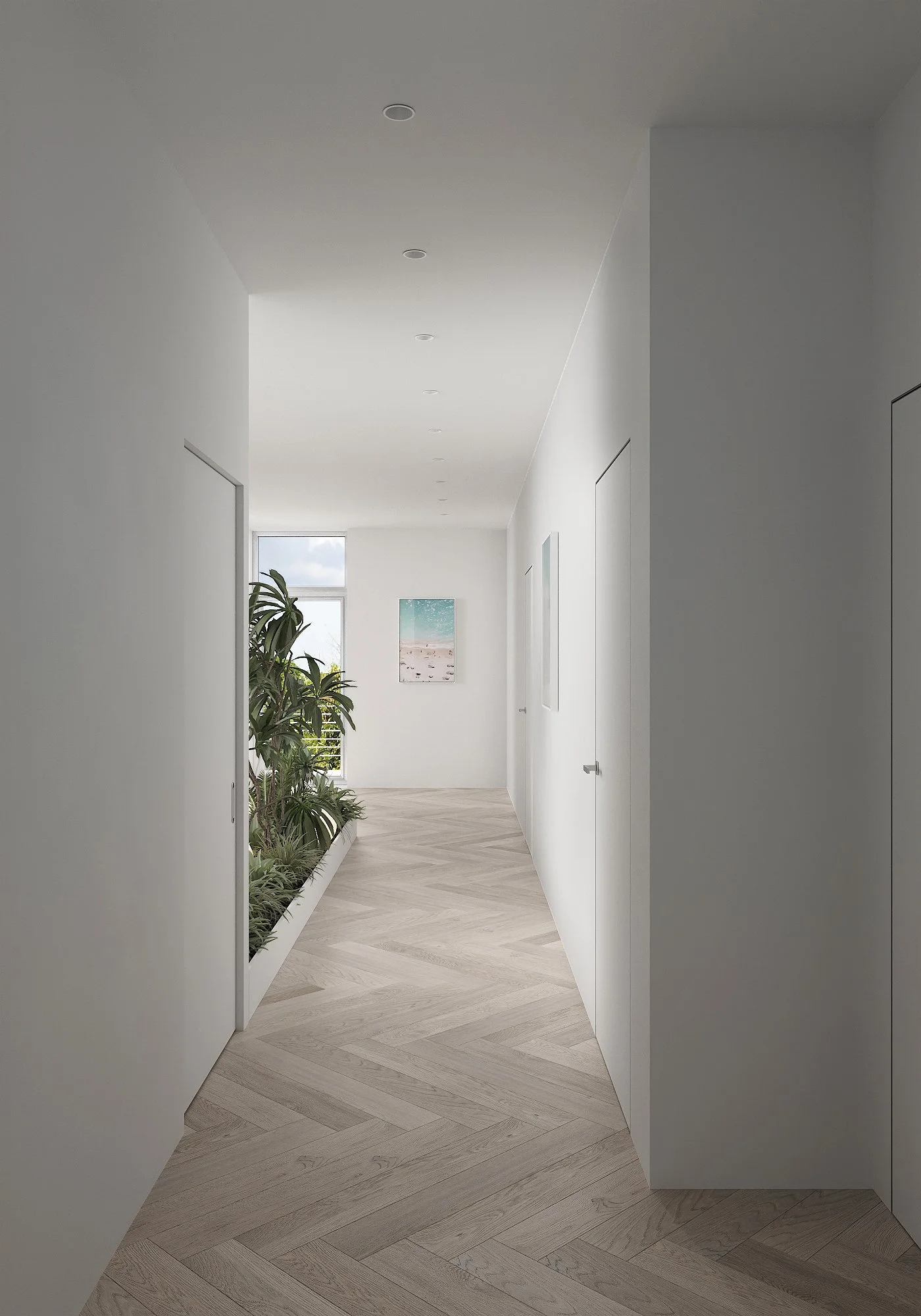 Modern white hallway with wooden herringbone flooring, green plants on a raised bed to the left, and artwork on the far wall near a window showing blue sky and clouds.
