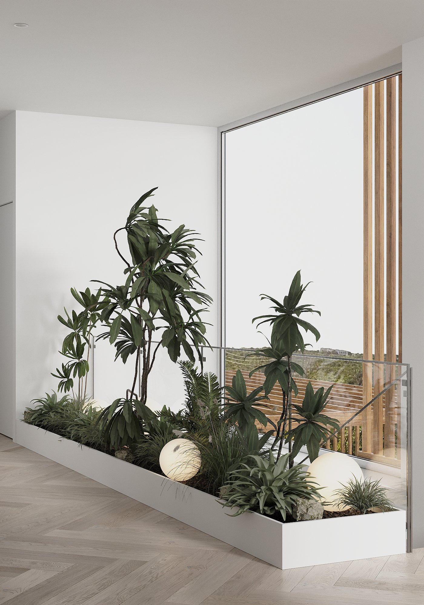 Indoor modern planter with various green plants and glowing orb lights, next to large window with wooden slats.
