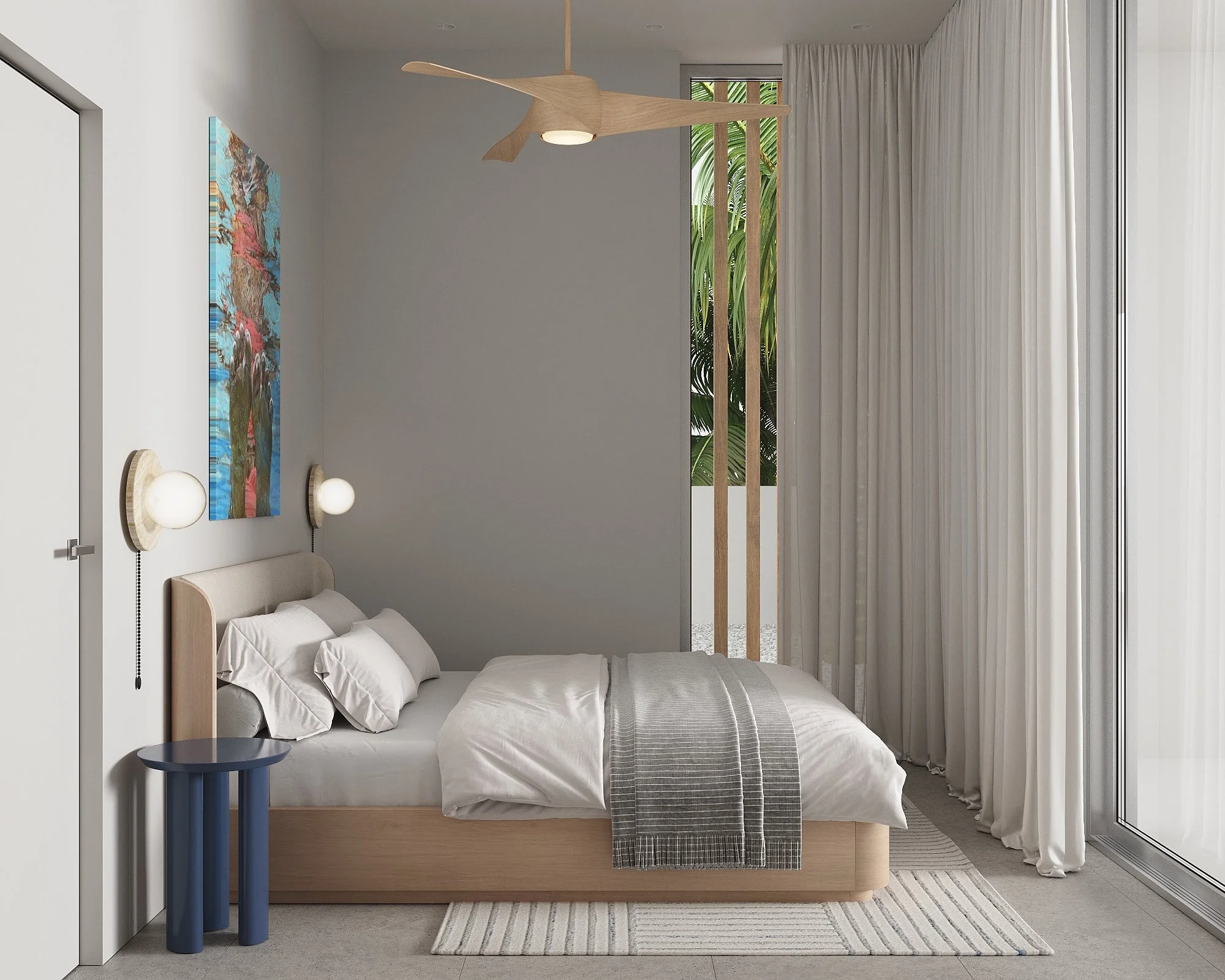 A modern bedroom with a bed, white bedding, and a striped gray blanket. There are two wall-mounted lights on either side of the bed, a blue side table, a colorful abstract painting on the wall, and large glass sliding doors with white curtains, revea