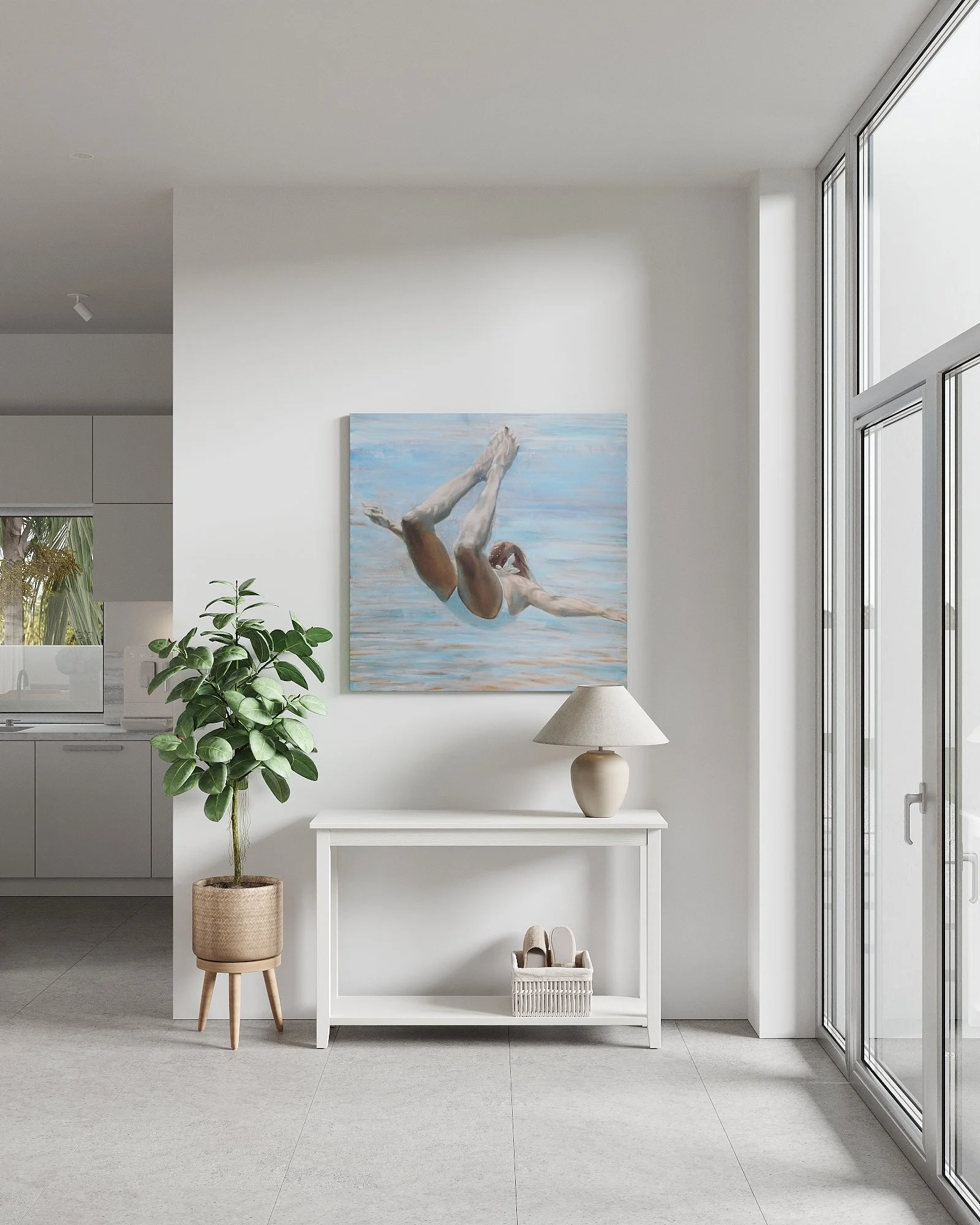 Minimalist interior with a white wall, a potted plant, a white table with a basket of slippers, a table lamp, a large artwork of a diver, and large glass sliding doors to the right.