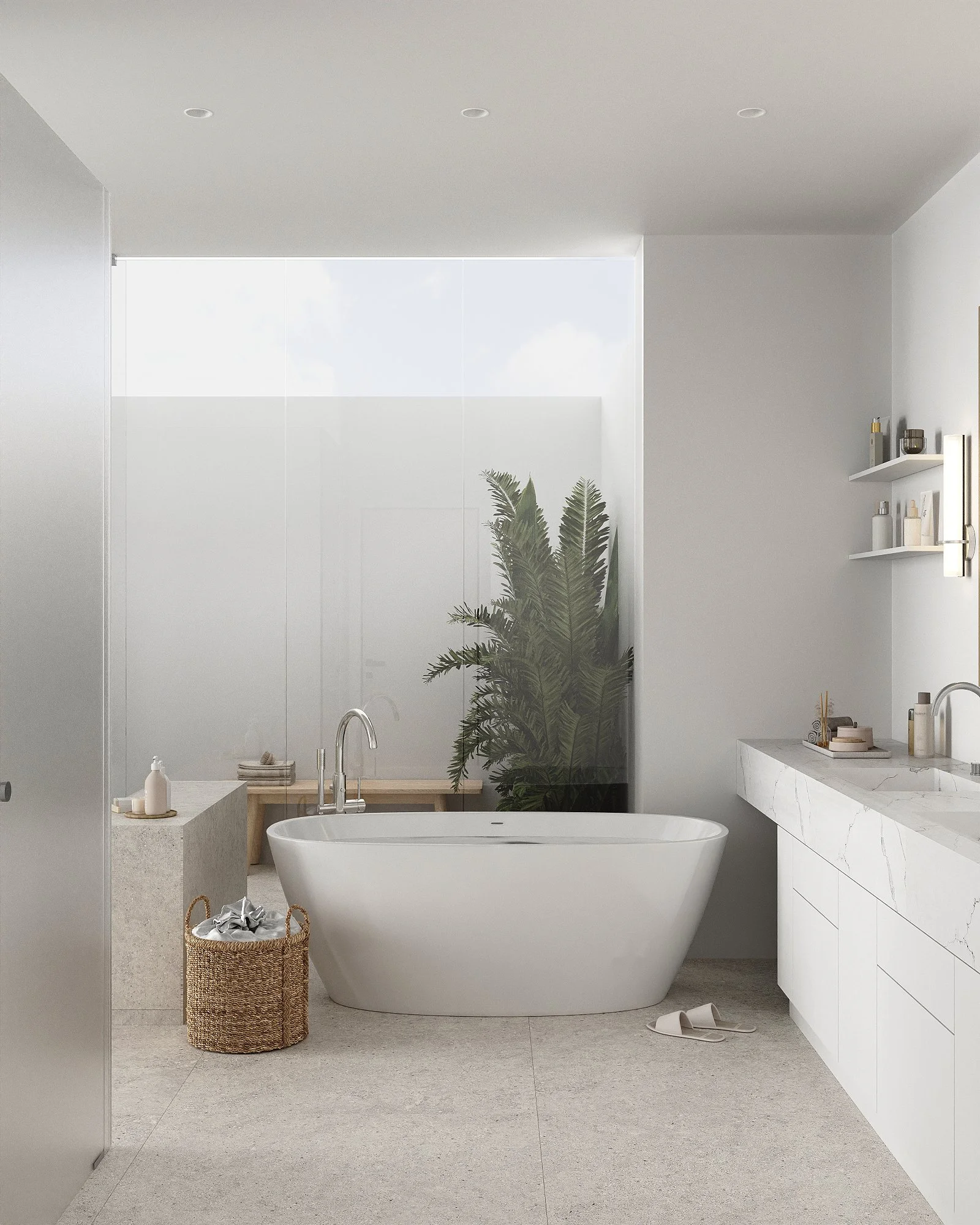 Modern bathroom with a white freestanding bathtub near a frosted glass window, a large plant behind the tub, and a white vanity with shelves and decor on the right.