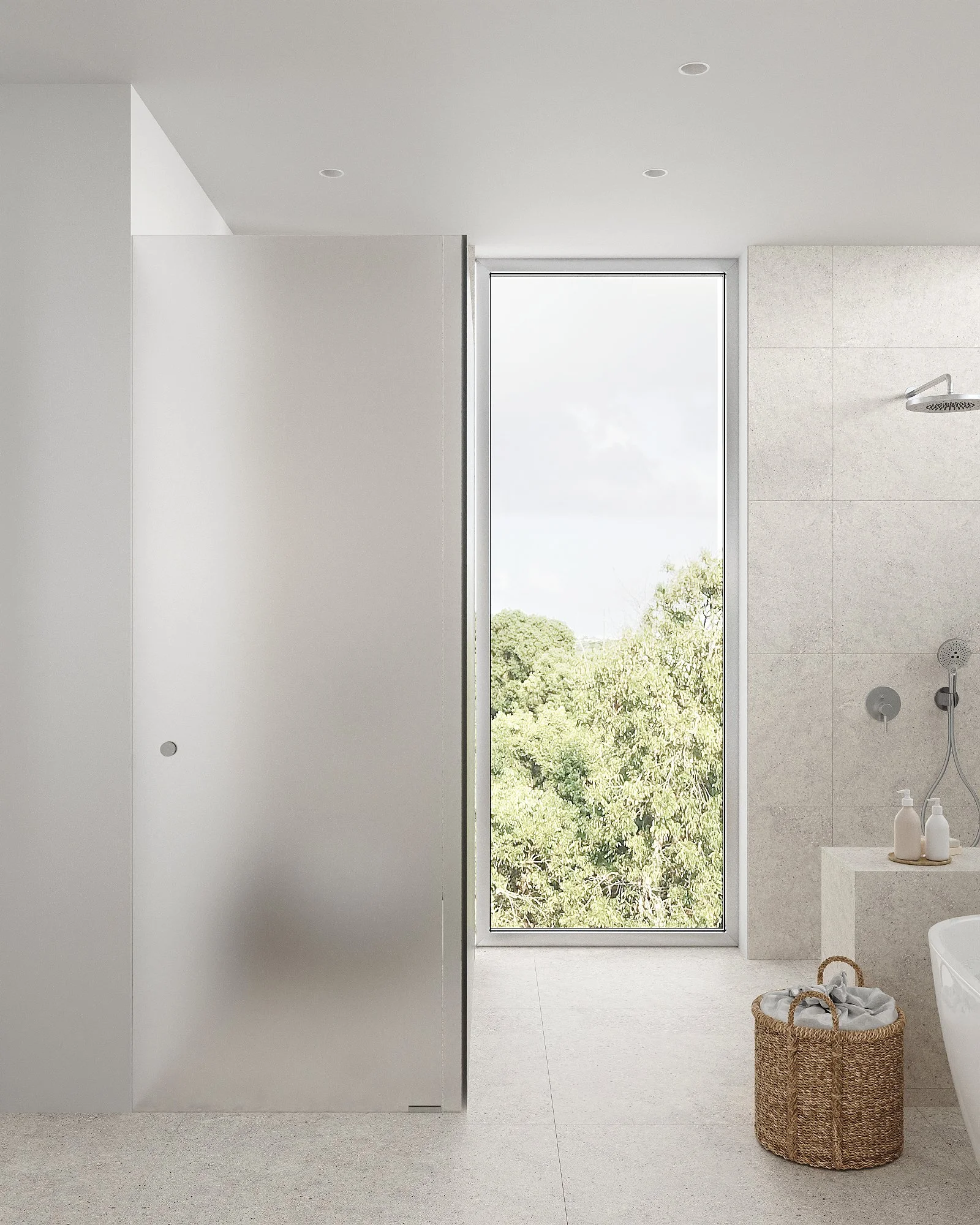Modern bathroom with a large window showing trees outside, a beige tiled wall with a showerhead, bottles on a ledge, a woven basket on the floor, and ceiling lights.