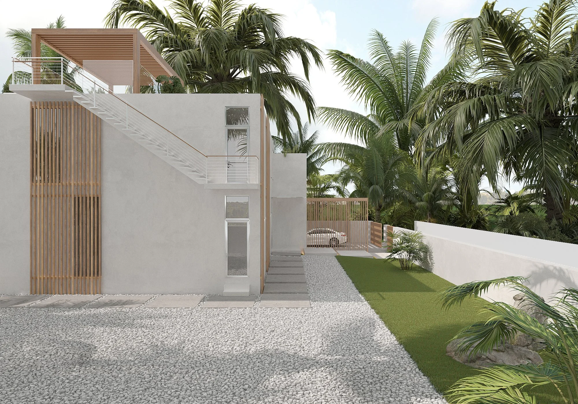 Modern house with white walls, wooden accents, a staircase on the exterior, a gravel driveway, and a green lawn, surrounded by tropical palm trees.
