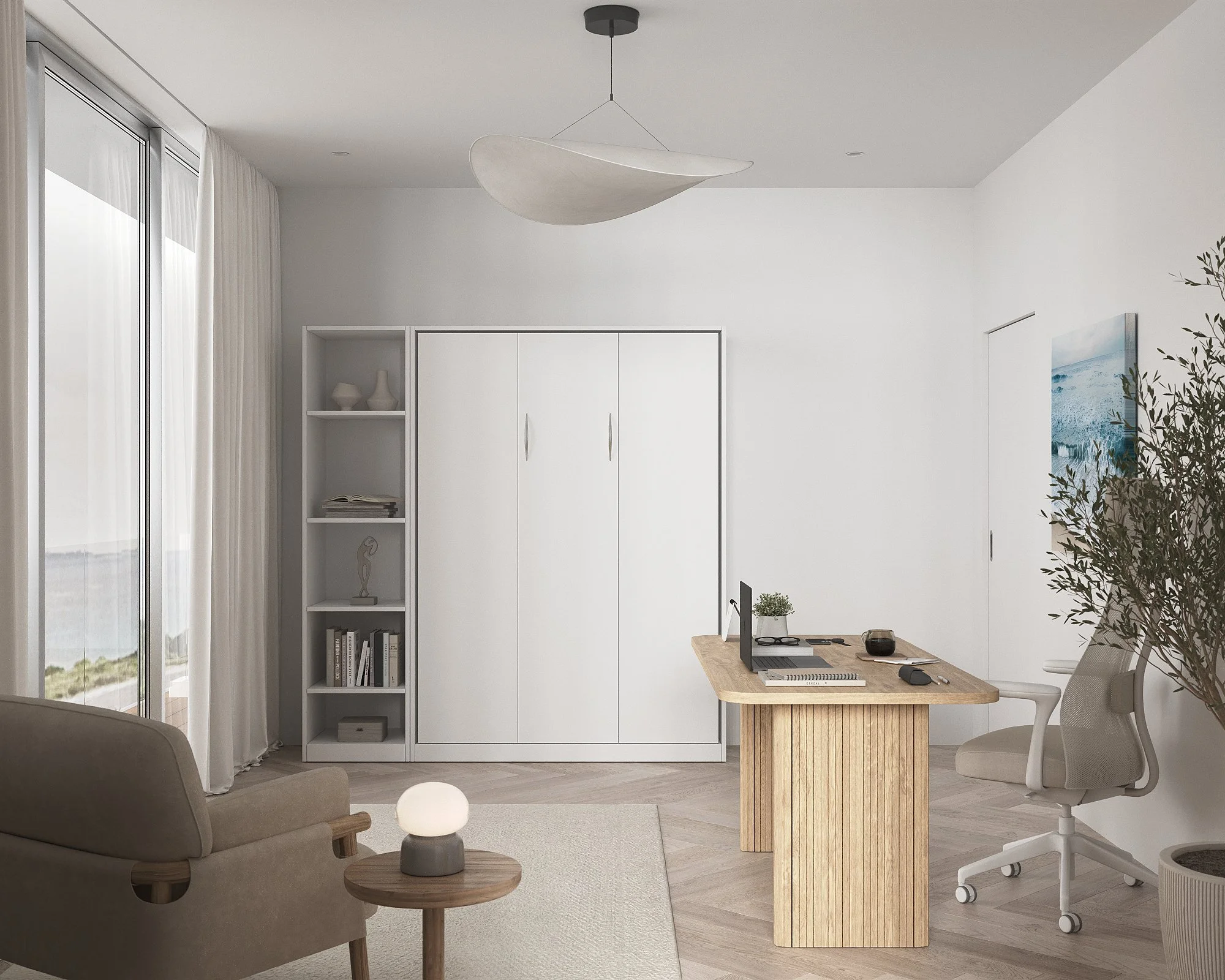 A modern minimalist home office with a wooden desk, white office chair, beige armchair, small side table with a lamp, white built-in shelves, large sliding glass door with white curtains, and a large potted plant, in a room with light wood flooring a