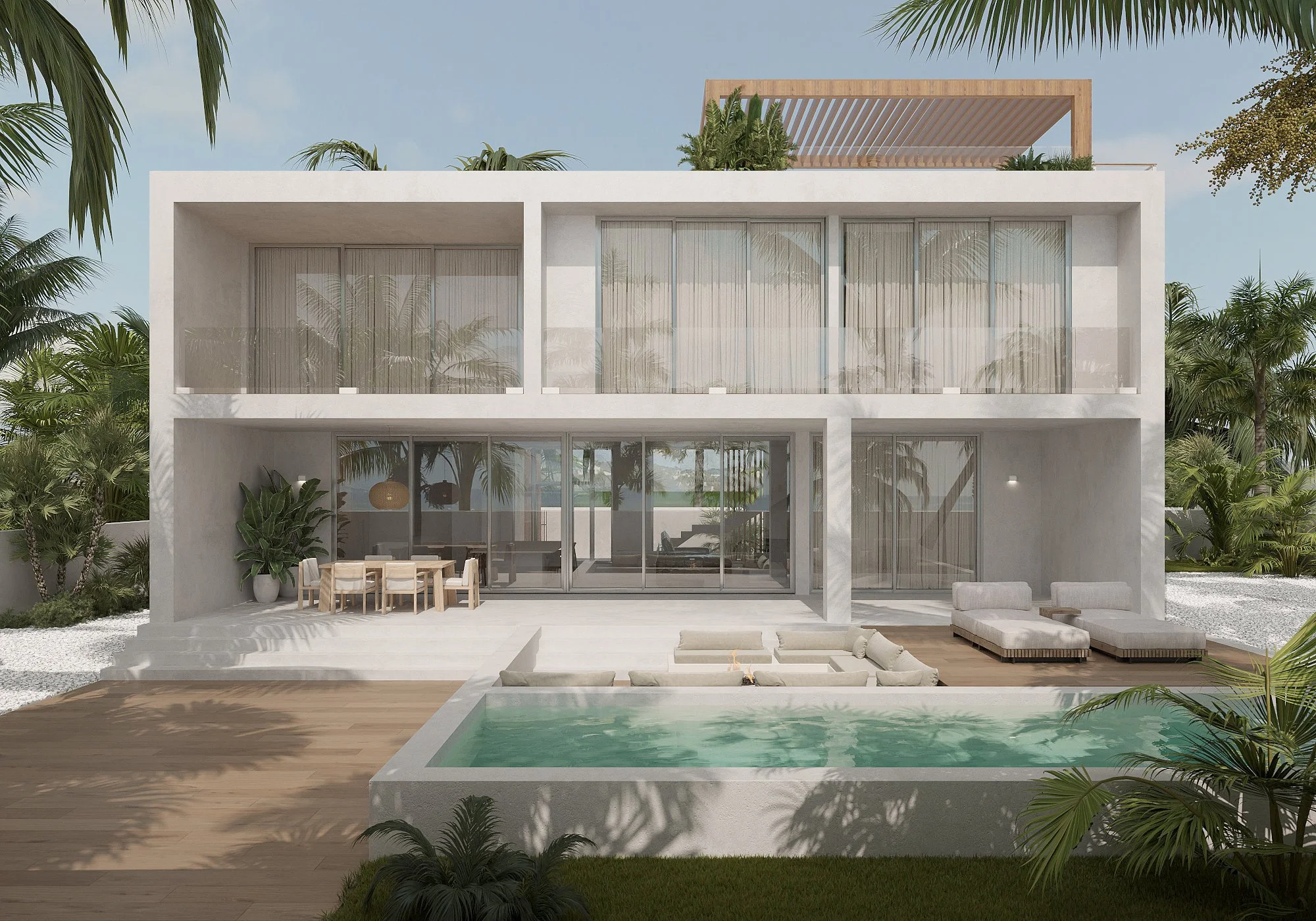 Modern white three-story house with large glass sliding doors and balconies, swimming pool in front, surrounded by tropical plants.