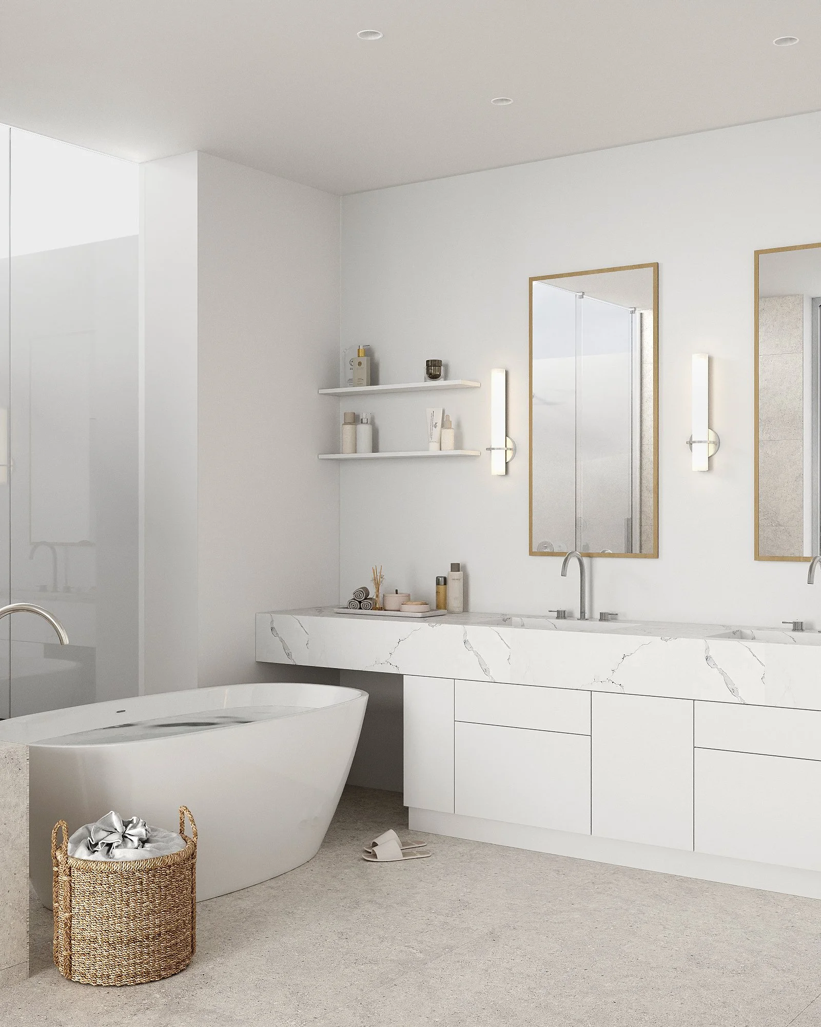 Modern bathroom with white marble vanity, two mirrors, a soaking tub, and light fixtures on the wall.