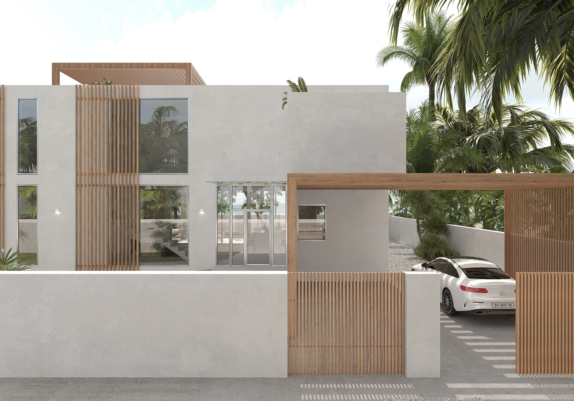 Modern two-story house with white walls, large windows, and wooden accents, surrounded by palm trees and a white car parked inside the gated driveway.
