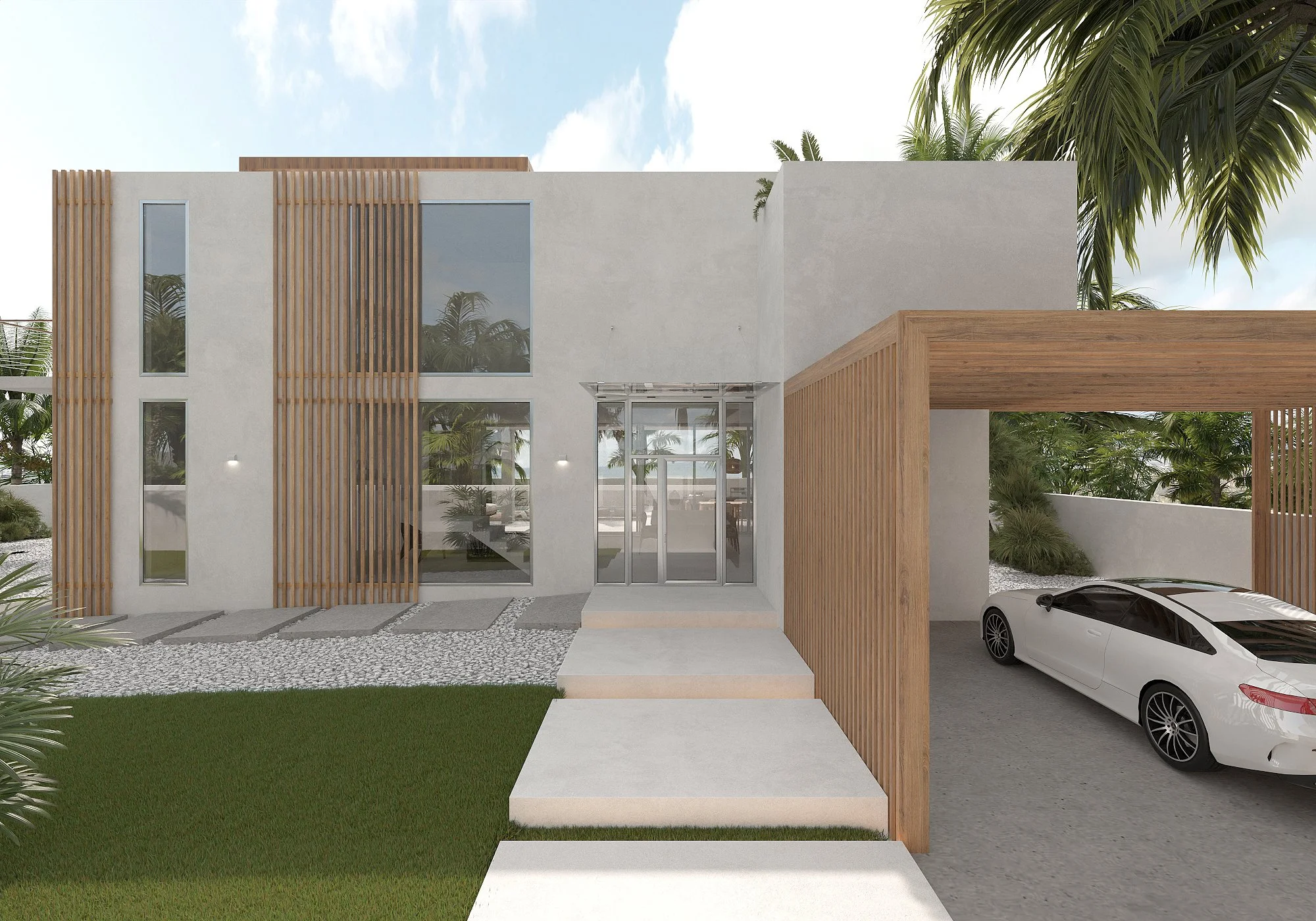 Modern house with white exterior, wooden accents, large windows, front steps, a driveway with a white car, and tall palm trees in the background.