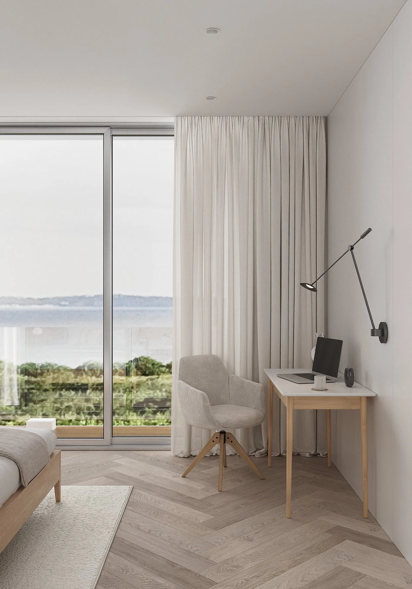 A minimalistic bedroom corner with a small desk, a light-colored armchair, a large window with sheer white curtains, and a view of greenery and water outside.