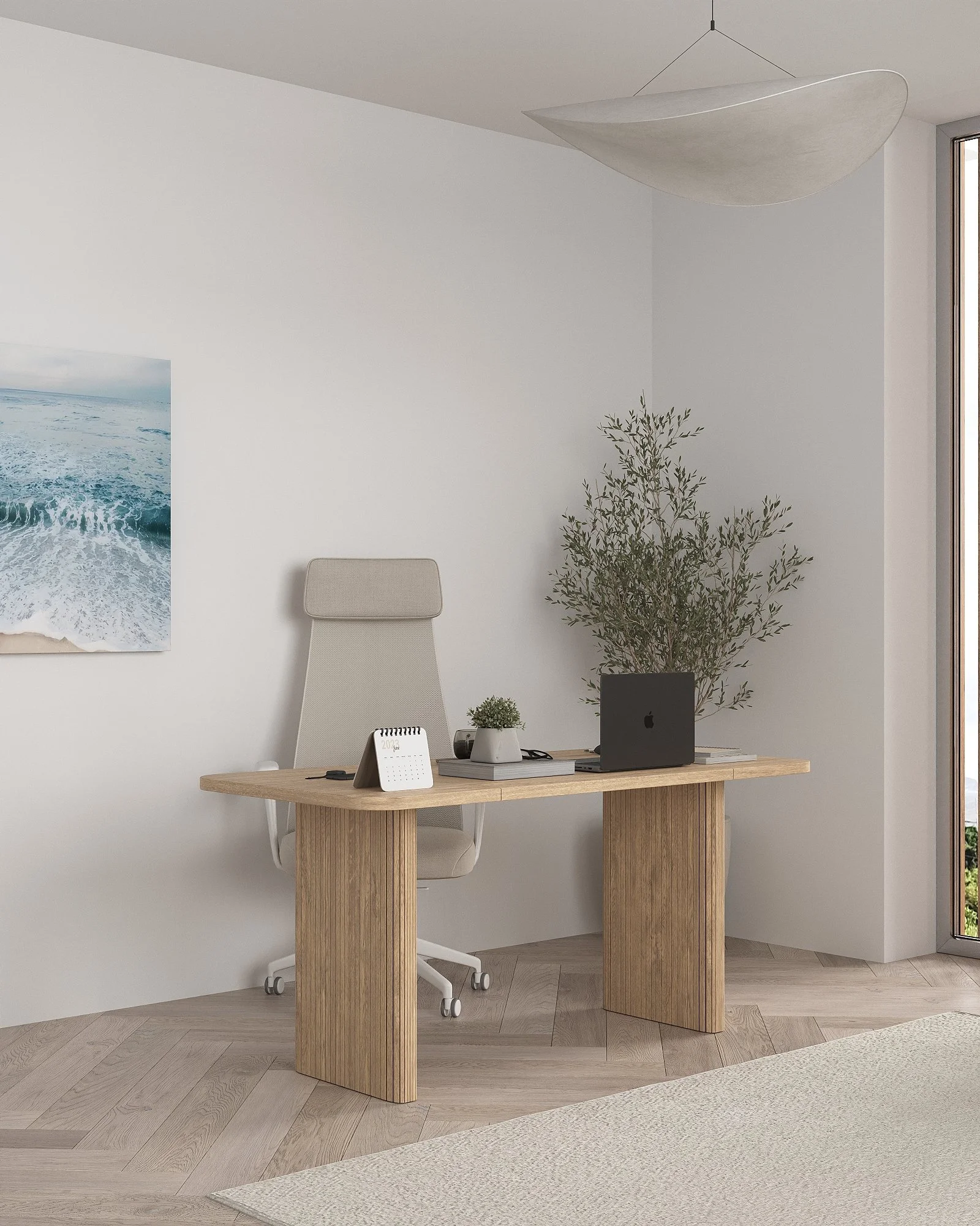 Modern home office with a light wooden desk, beige ergonomic chair, potted plant, laptop, calendar, and large window showing outdoor greenery.
