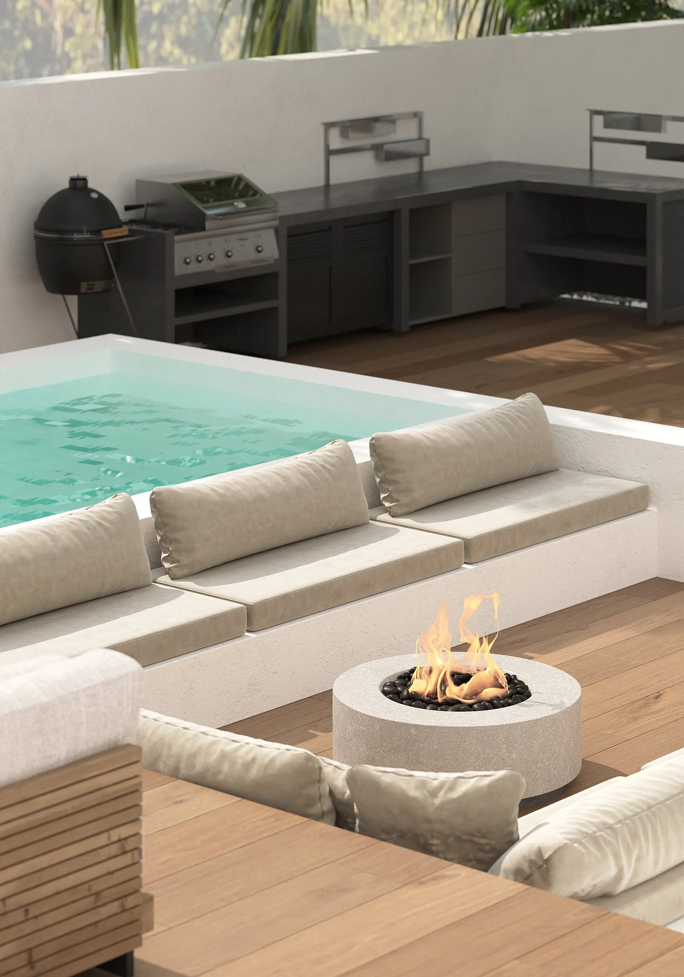 Outdoor pool area with a fire pit, cushioned seating, and a built-in outdoor kitchen with a grill.