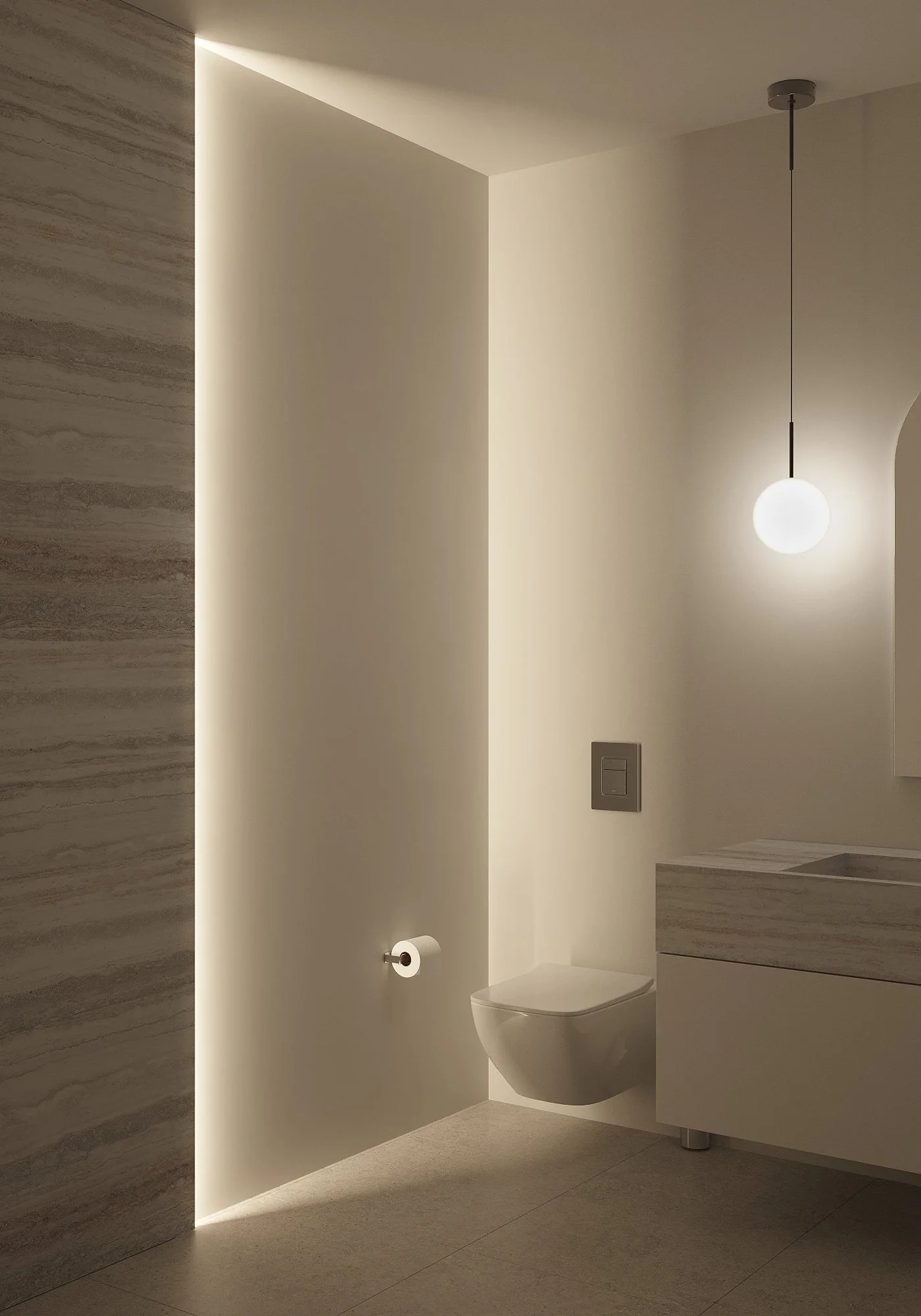 Modern minimalist bathroom with white walls, a floating toilet, marble wall on the left, a white sink cabinet, and a spherical hanging light.