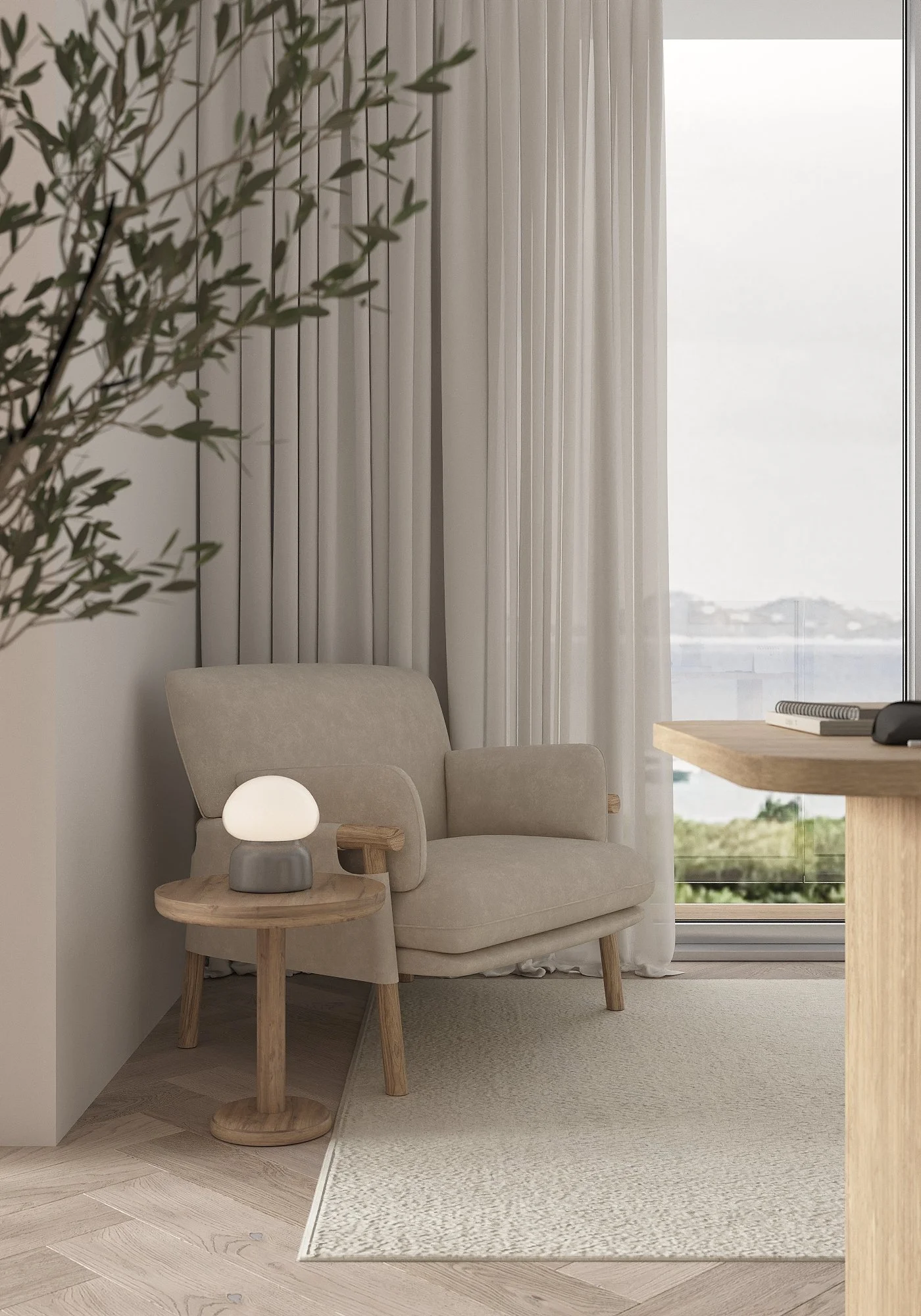 Modern, cozy living room corner with a beige armchair, a wooden side table with a contemporary lamp, and a view of water and hills outside through large windows with sheer white curtains.