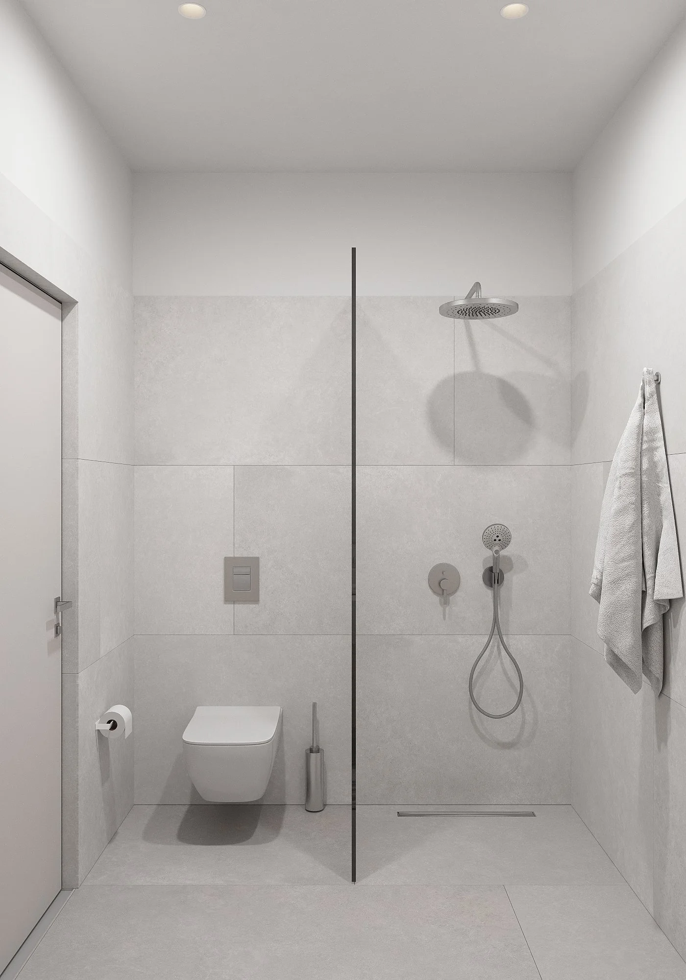 Minimalist bathroom with a toilet on the left, a shower on the right, a towel hanging on the wall, and a toilet brush next to the toilet.