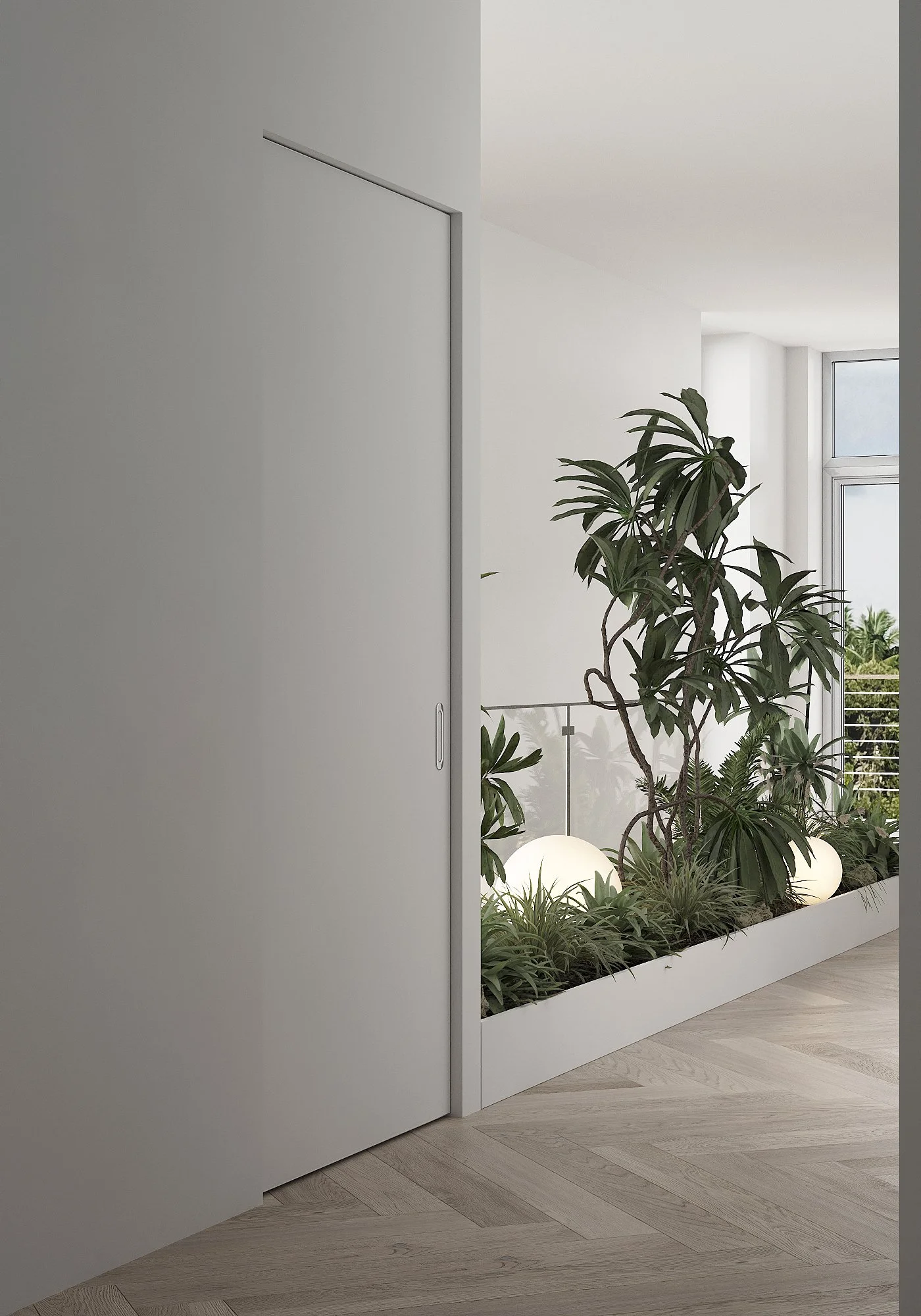Interior view of a modern, minimalist home with a white wall, a sliding door, a large plant, and glowing orb lights by a window.