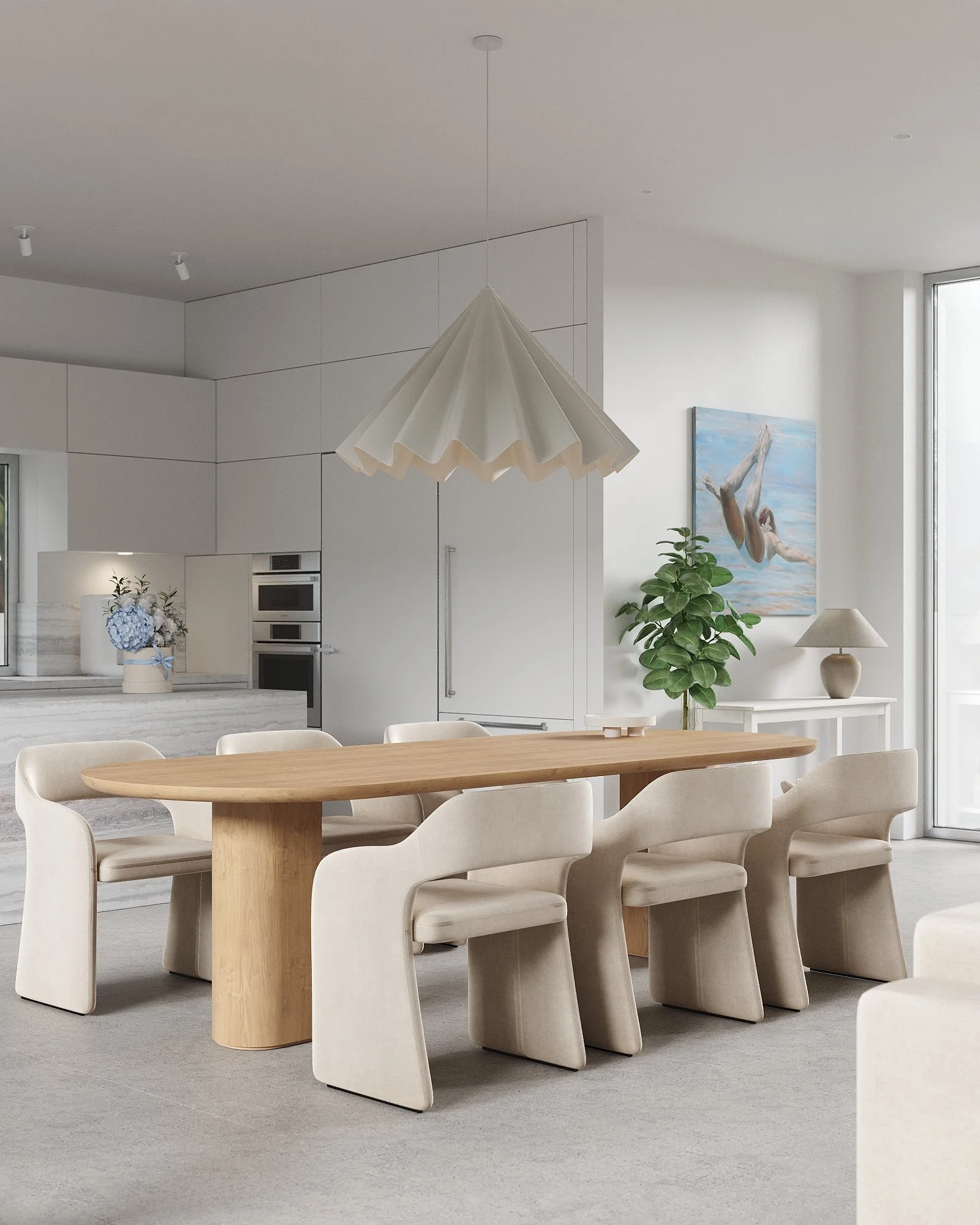 Modern dining room with a wooden table, cream-colored chairs, a geometric chandelier, a vase with flowers, a large painting, and a potted plant near a window.