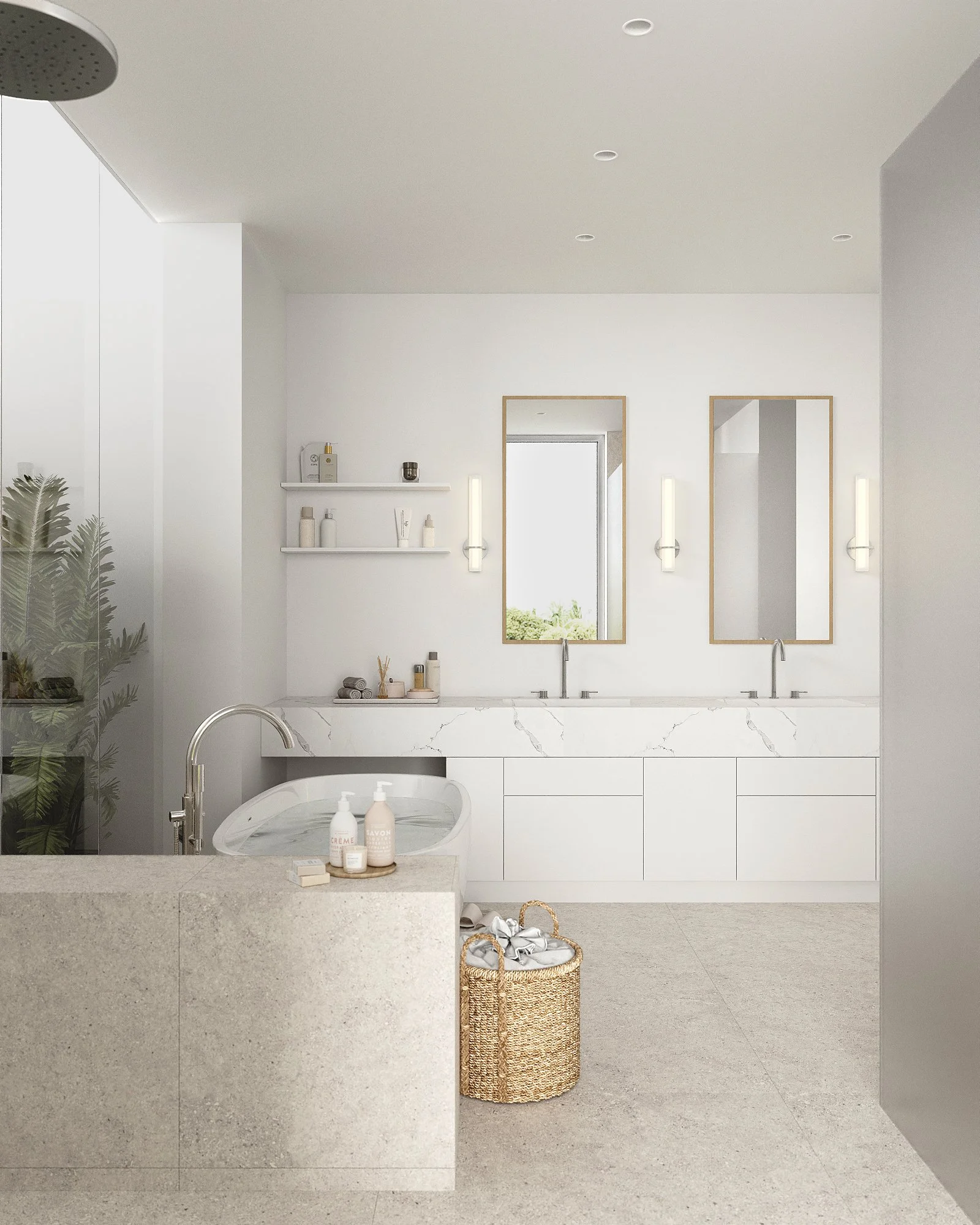 A modern, minimalist bathroom with white marble countertops, a double sink, and two mirrors with gold frames. There are wall sconces on each side of the mirrors, and a large window providing natural light. On the left, a shower area with frosted glas