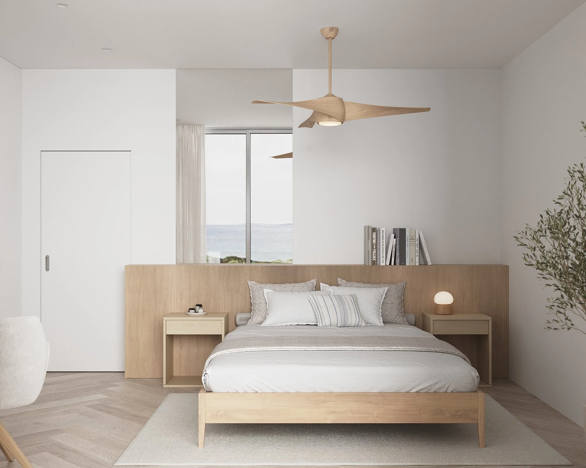 Minimalist bedroom with a wooden bed, white bedding, and pillows, two bedside tables, a ceiling fan, a window with a view, and a large potted plant.