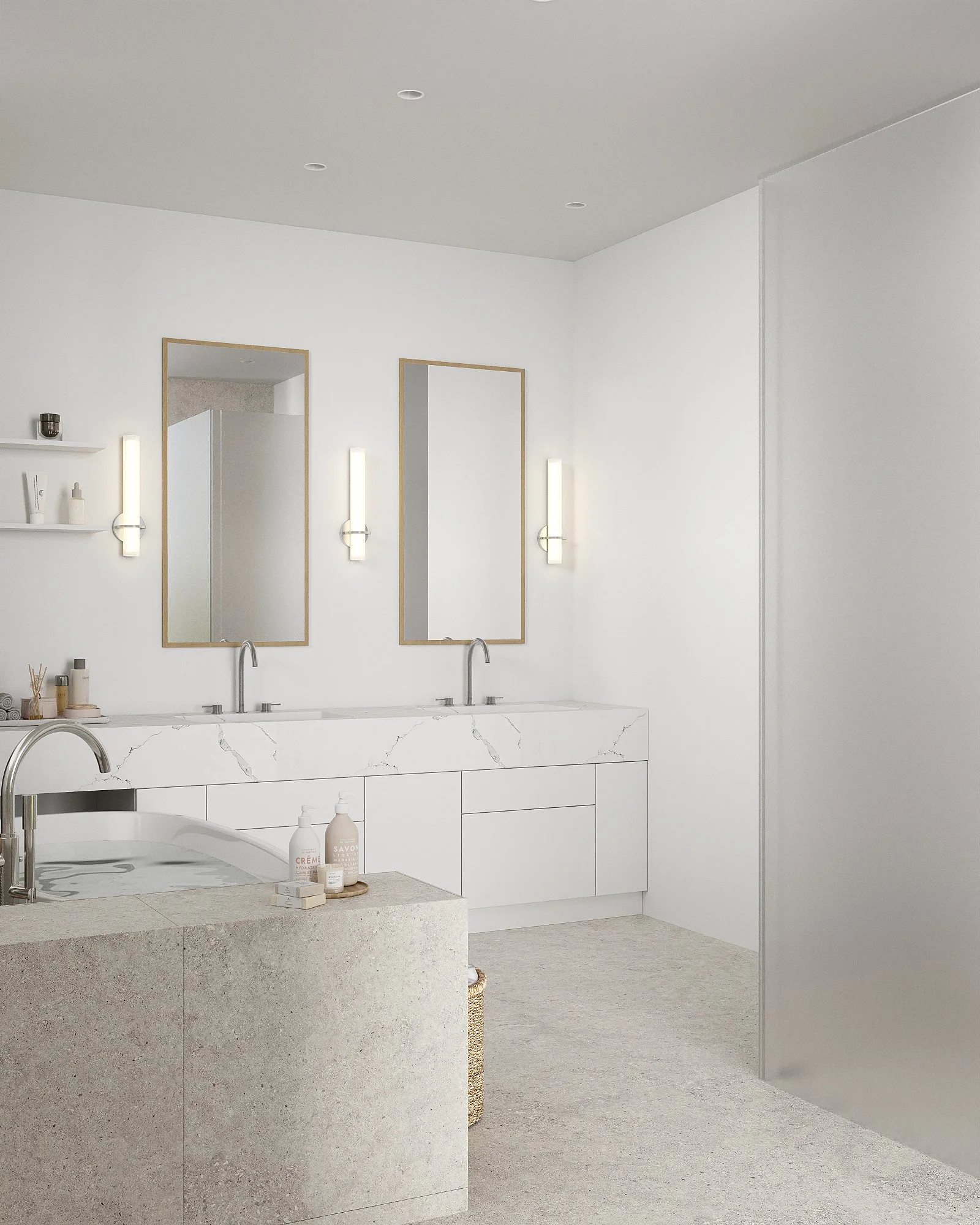 A modern minimalist bathroom with white walls, dual mirrors above a marble vanity, and a freestanding bathtub with toiletries. There are two tall wall-mounted light fixtures flanking the mirrors, and a frosted glass partition on the right.