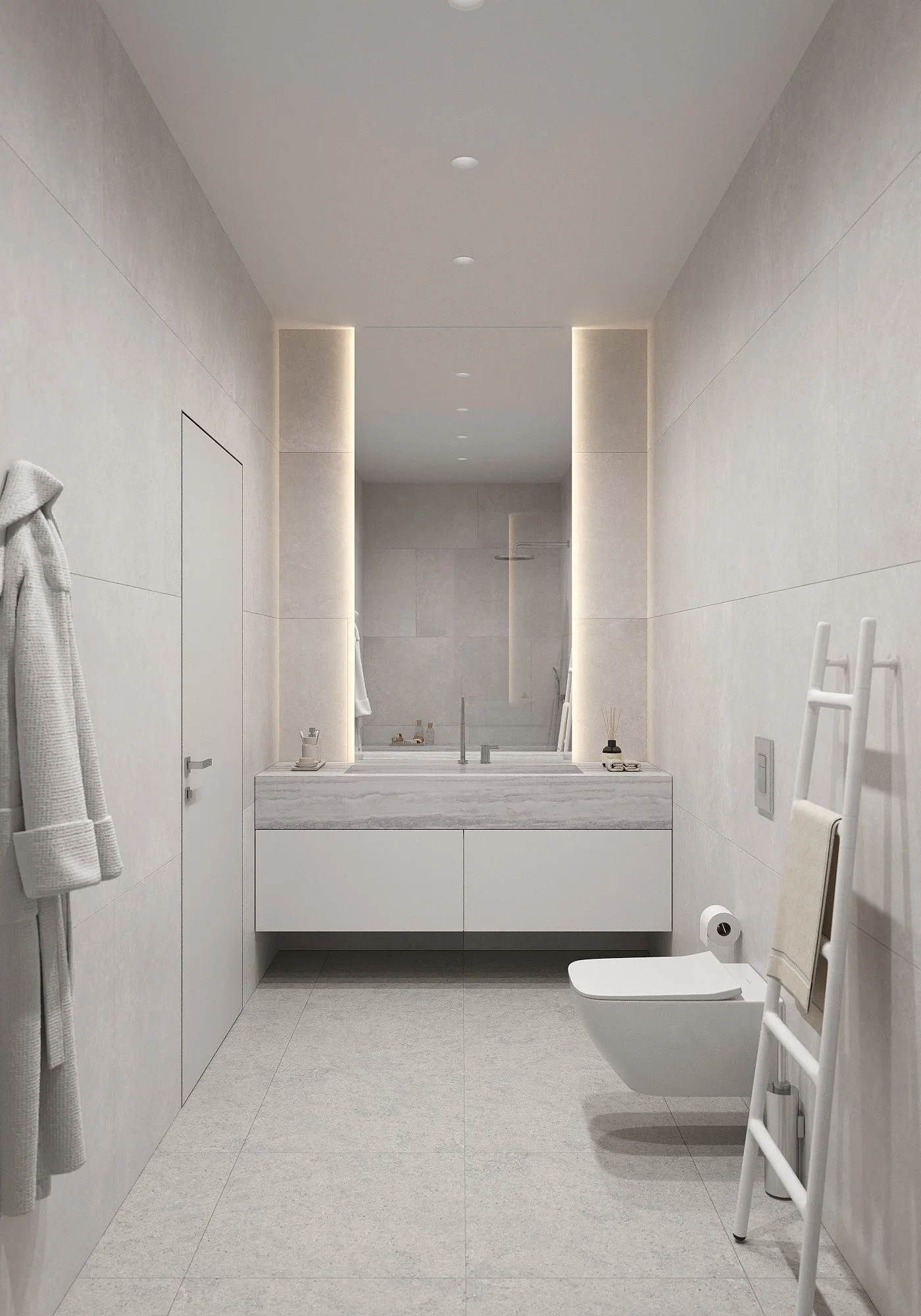 A modern, minimalist bathroom with a floating vanity, large mirror, and a wall-mounted toilet.