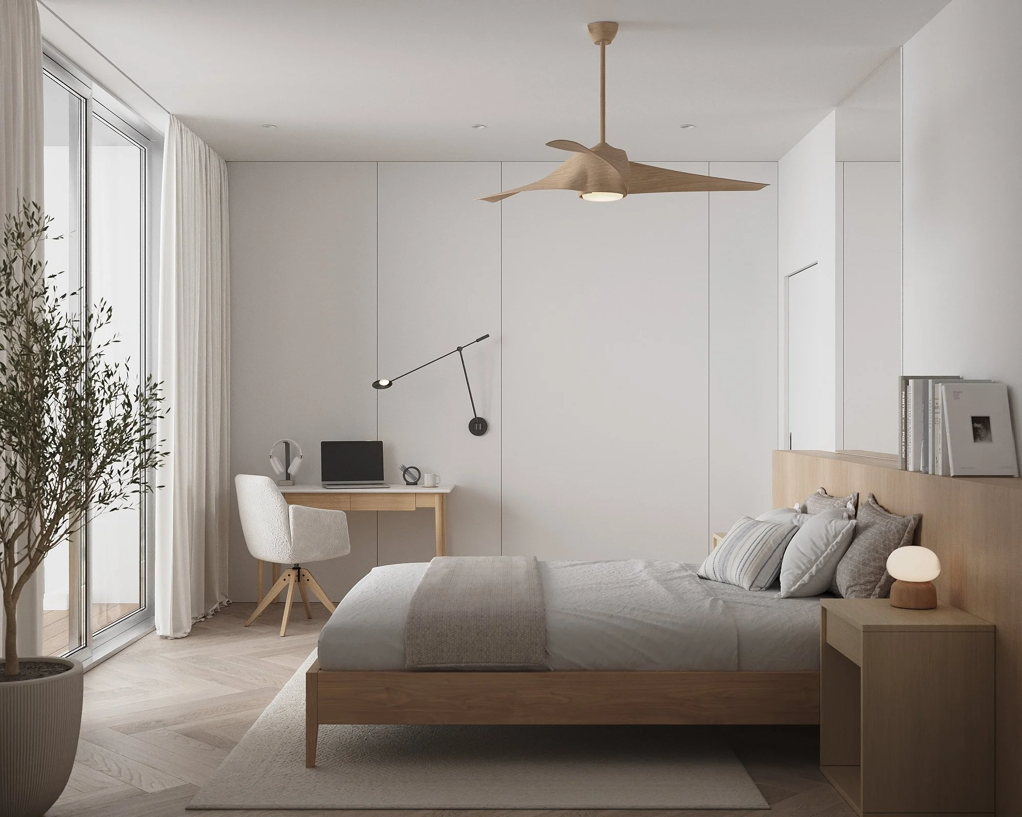 Modern minimalist bedroom with a bed, bedside table with lamp, a small desk with a chair, a laptop, headphones, and books, large windows with white curtains, a ceiling fan, and a potted plant.