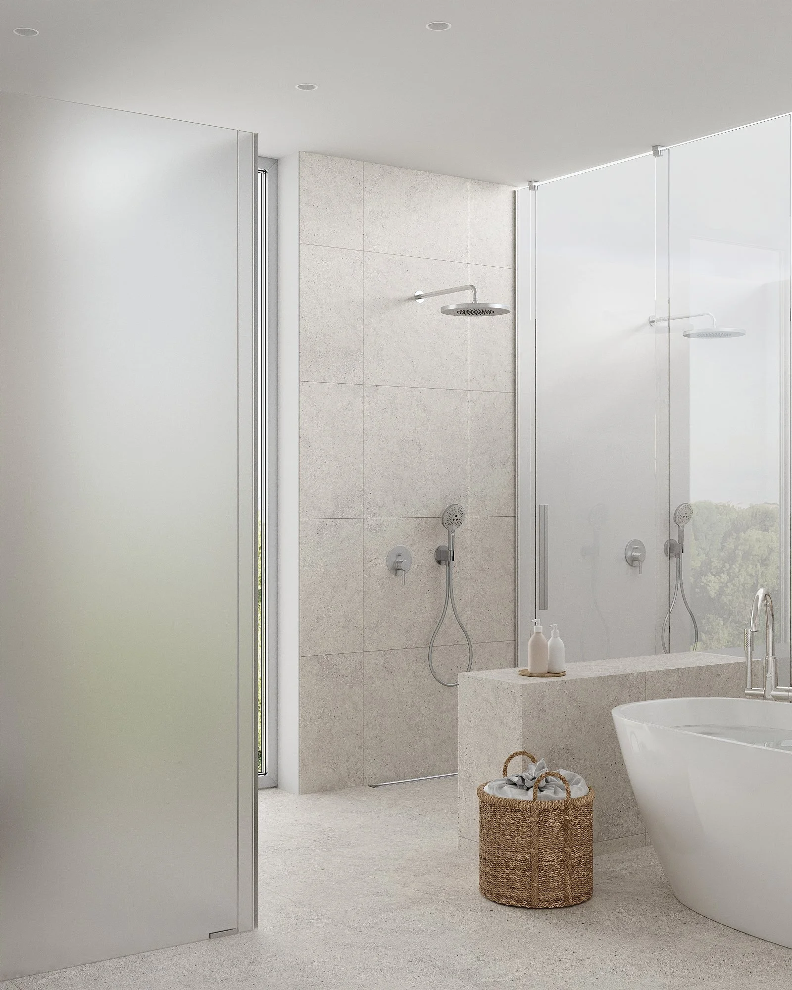 Modern bathroom with standalone bathtub, two showers, and light-colored tiles.