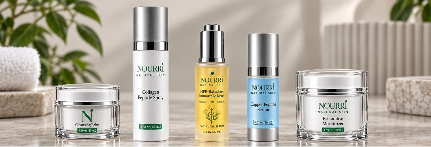 The Nourri collection: Cleansing Balm, Collagen Peptide Spray, HPR-Bakuchiol Immortelle Blend, Copper Peptide Serum and Restorative Moisturizer