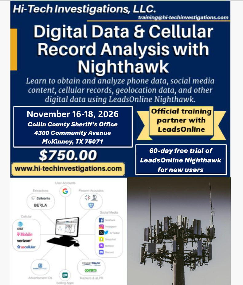 Collin County Sheriff, TX - Digital Data & Cellular Record Analysis w/ Nighthawk - November 16-18, 2026