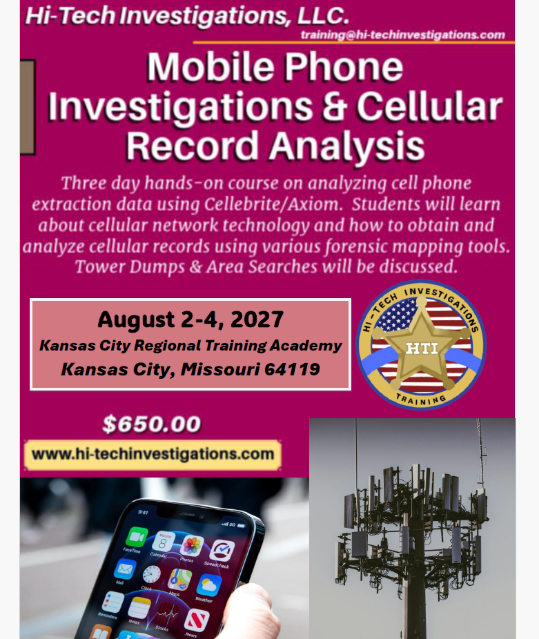 Kansas City, MO -  Mobile Phone Investigations & Cellular Record Analysis - August 2-4, 2027