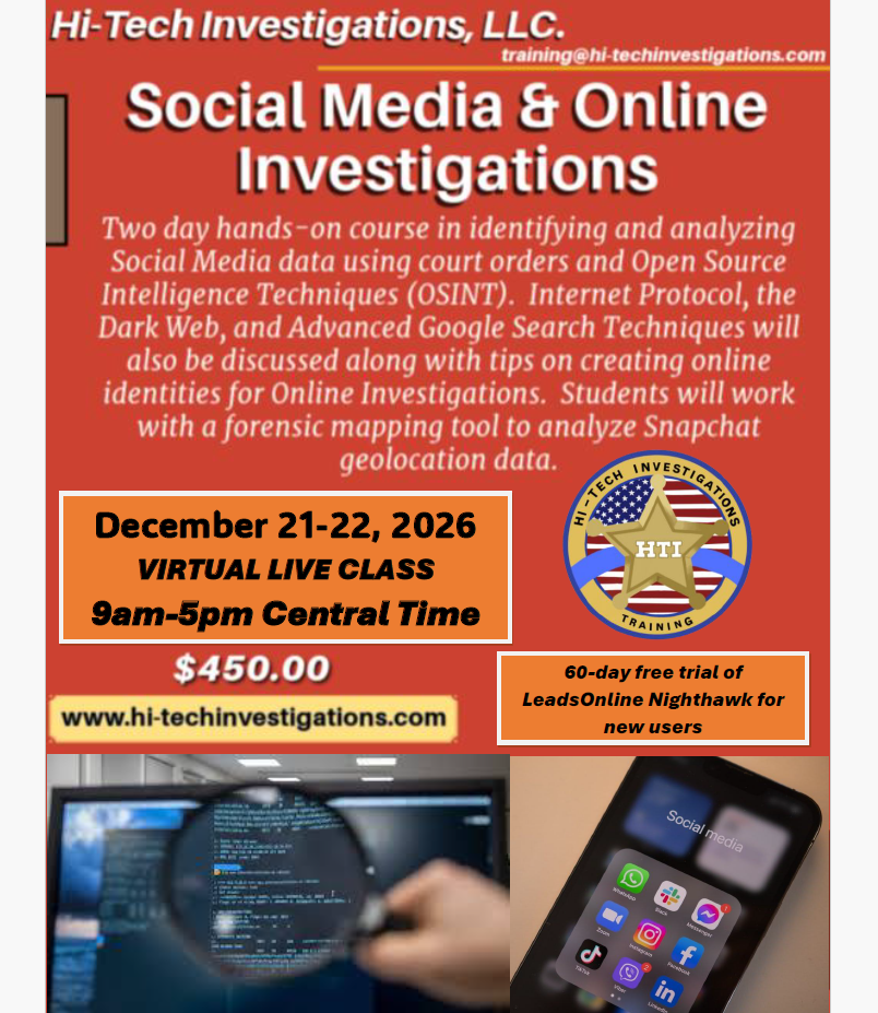 Virtual Live 2 - Social Media & Online Investigations - December 21-22, 2026