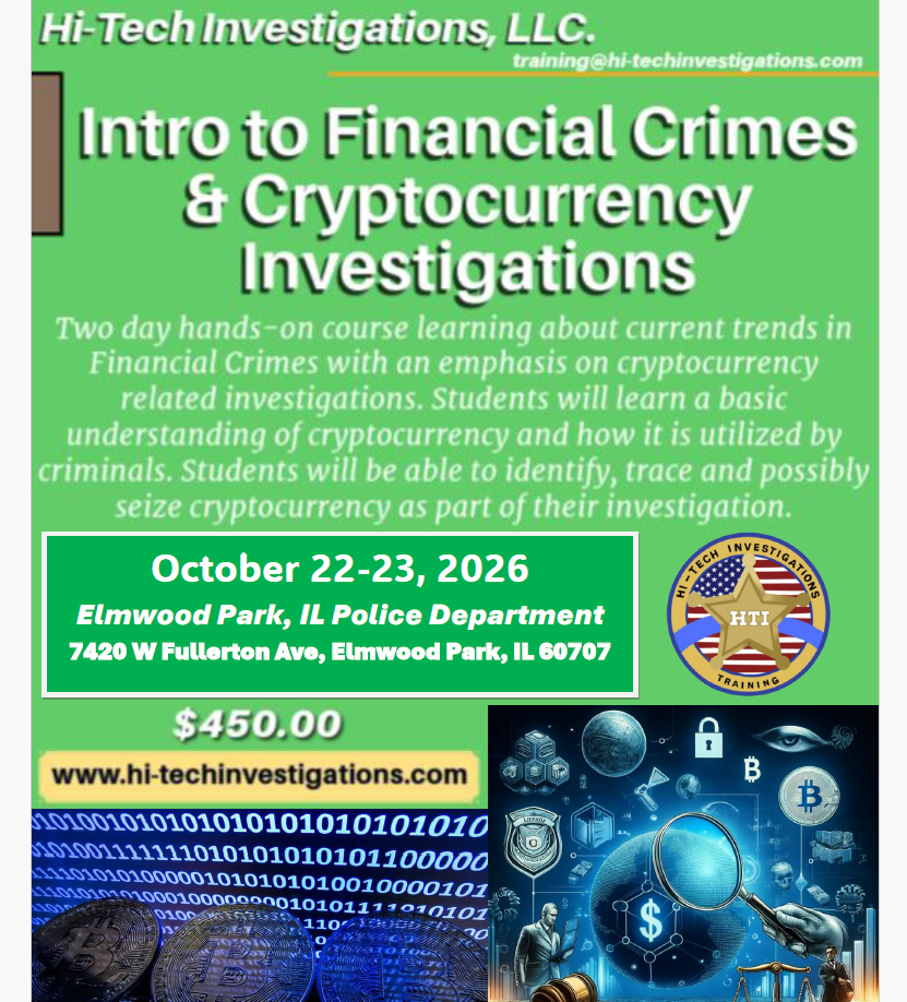 Elmwood Park, IL - Intro to Financial Crimes & Cryptocurrency Investigations - October 22-23, 2026