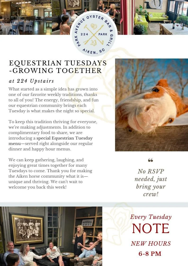 Heading to the Equestrian Tuesday today 6-8pm. Looking forward to catching up with friends. 🥰🤓💛 The special menu is fun.