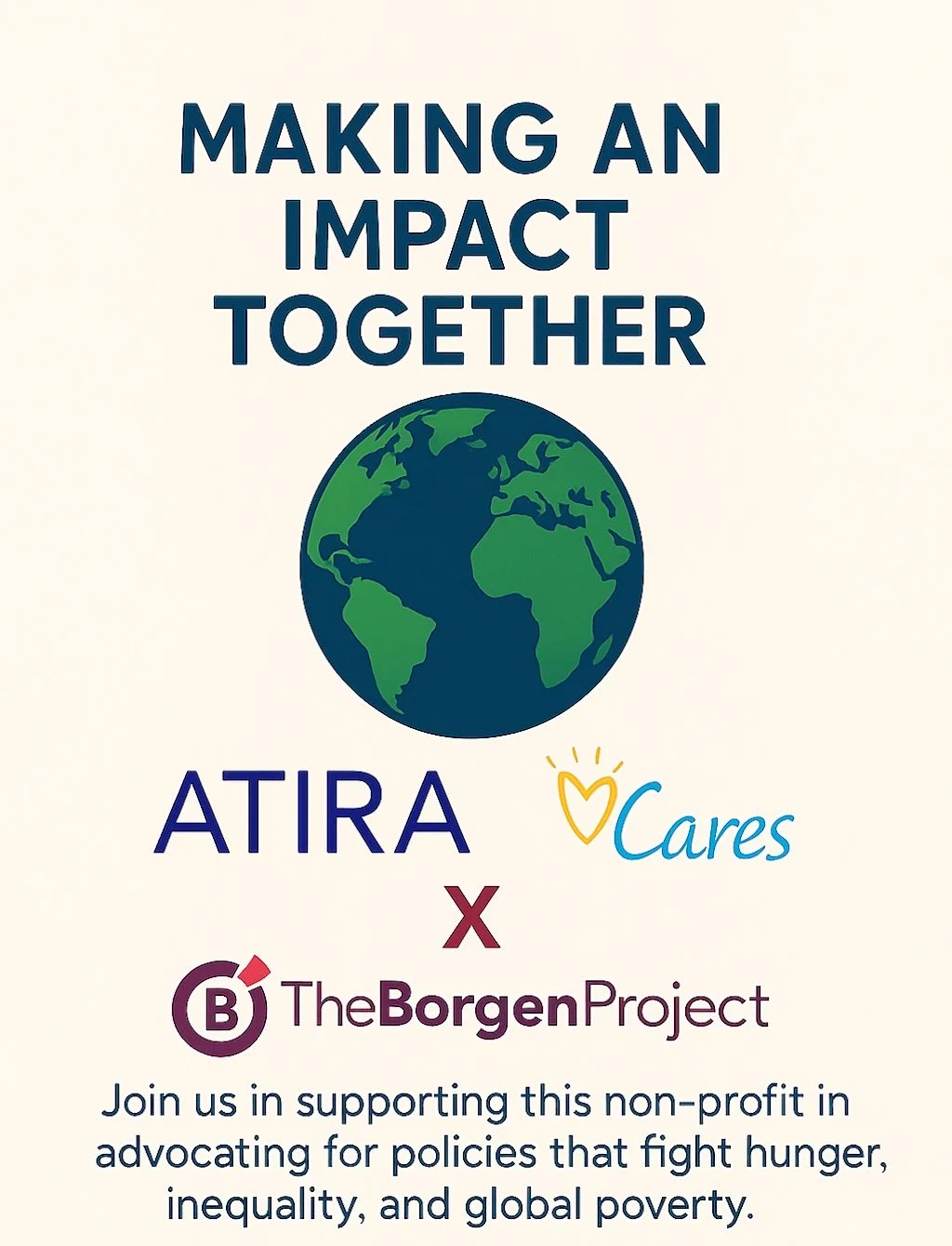 Atira Cares is proud to match a $100 donation from one of our team members and her husband to @theborgenproject &mdash; a non-profit dedicated to ending global poverty by advocating for policies that fight hunger, inequality, and poverty worldwide. ?