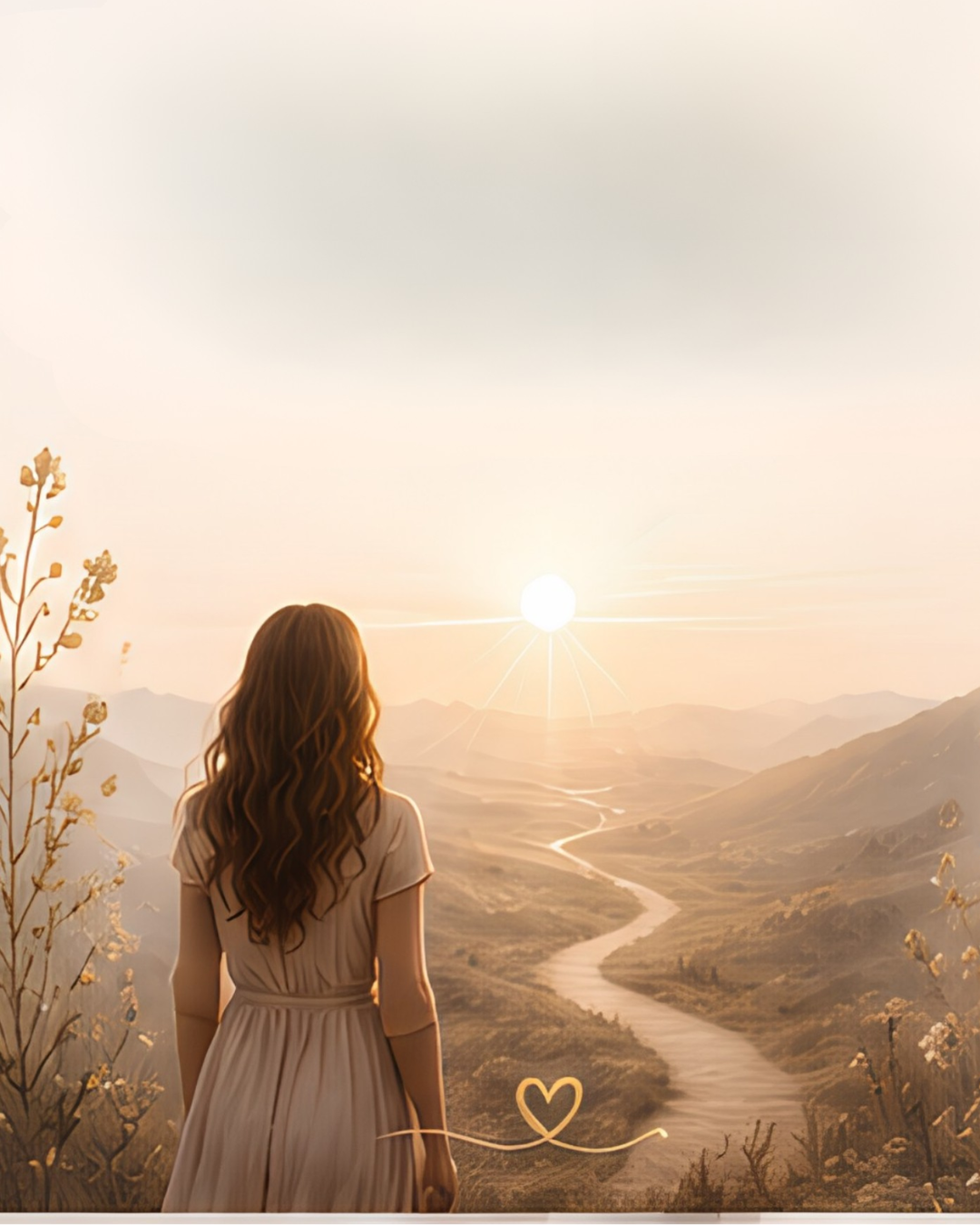 Une femme avec des cheveux longs et bouclés regarde un coucher de soleil sur un paysage de montagnes et une rivière